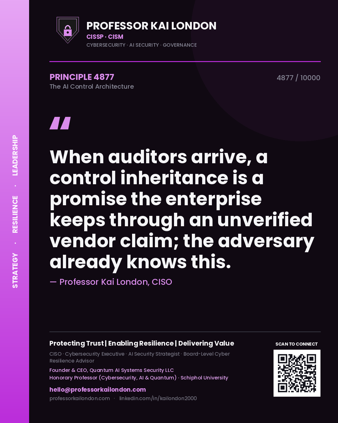 Quote card by Professor Kai London reading 'When auditors arrive, a control inheritance is a promise the enterprise keeps through an unverified vendor claim; the adversary already knows this.'. From the book The AI Control Architecture.