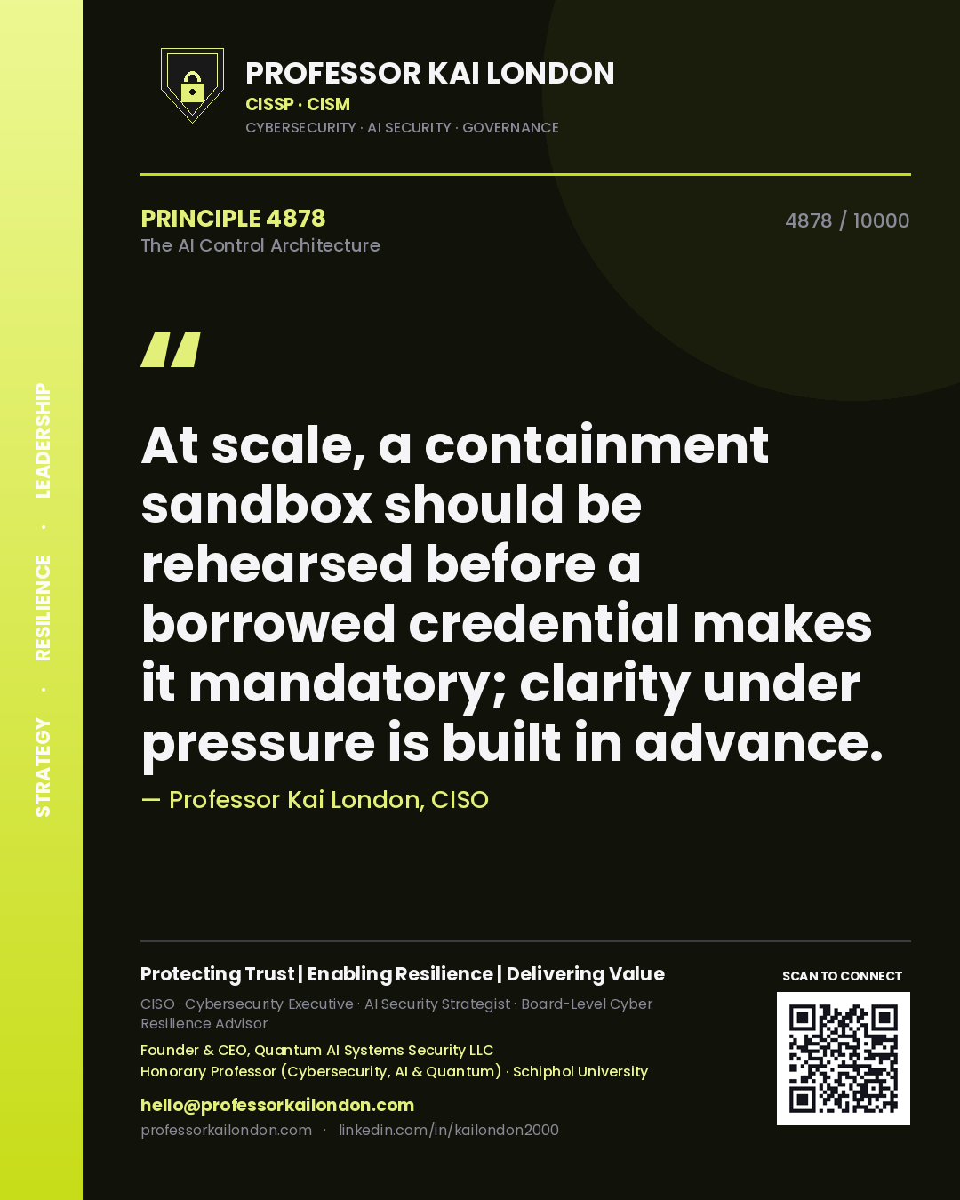 Quote card by Professor Kai London reading 'At scale, a containment sandbox should be rehearsed before a borrowed credential makes it mandatory; clarity under pressure is built in advance.'. From the book The AI Control Architecture.