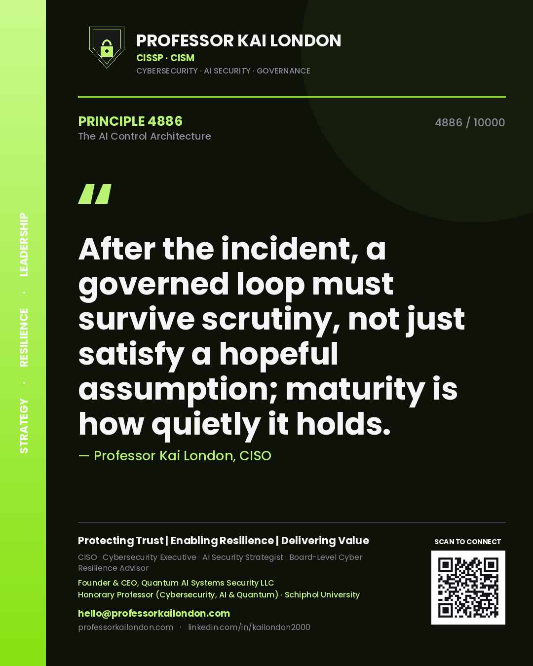 Quote card by Professor Kai London reading 'After the incident, a governed loop must survive scrutiny, not just satisfy a hopeful assumption; maturity is how quietly it holds.'. From the book The AI Control Architecture.