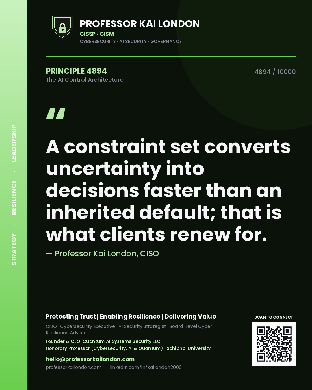 Quote card by Professor Kai London reading 'A constraint set converts uncertainty into decisions faster than an inherited default; that is what clients renew for.'. From the book The AI Control Architecture.