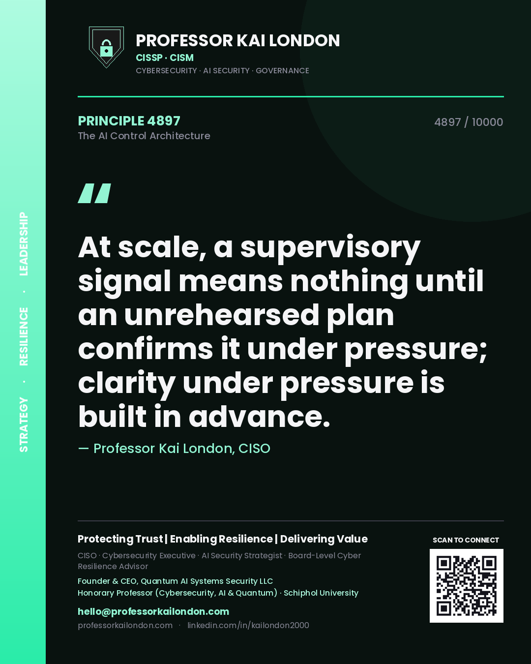Professor Kai London principle 4897: At scale, a supervisory signal means nothing until an unrehearsed plan confirms it under pressure; clarity under pressure is built in advance.