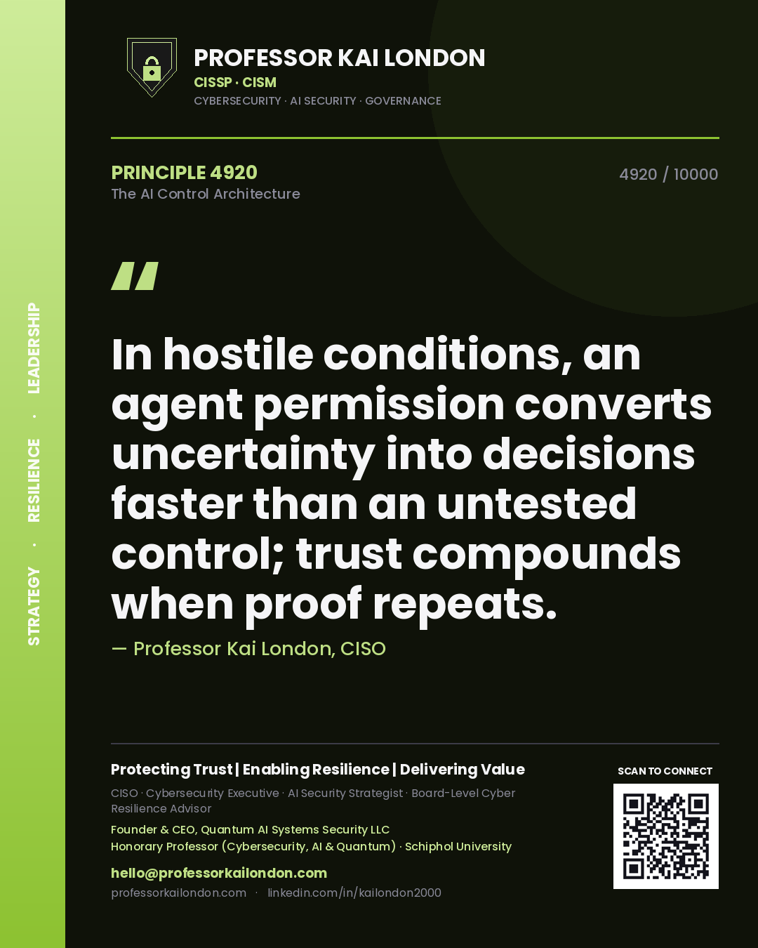 Quote card by Professor Kai London reading 'In hostile conditions, an agent permission converts uncertainty into decisions faster than an untested control; trust compounds when proof repeats.'. From the book The AI Control Architecture.