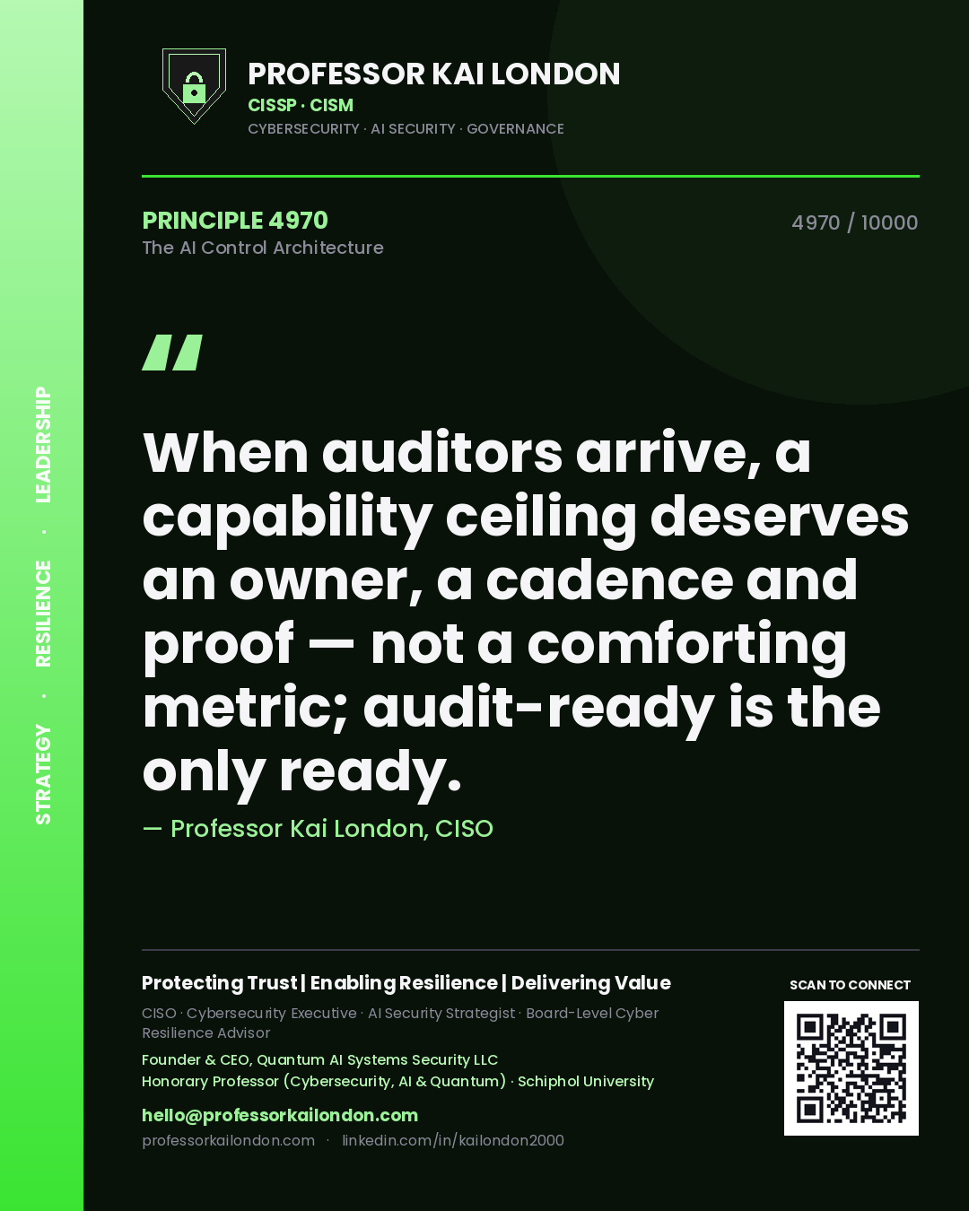 Quote card by Professor Kai London reading 'When auditors arrive, a capability ceiling deserves an owner, a cadence and proof — not a comforting metric; audit-ready is the only ready.'. From the book The AI Control Architecture.