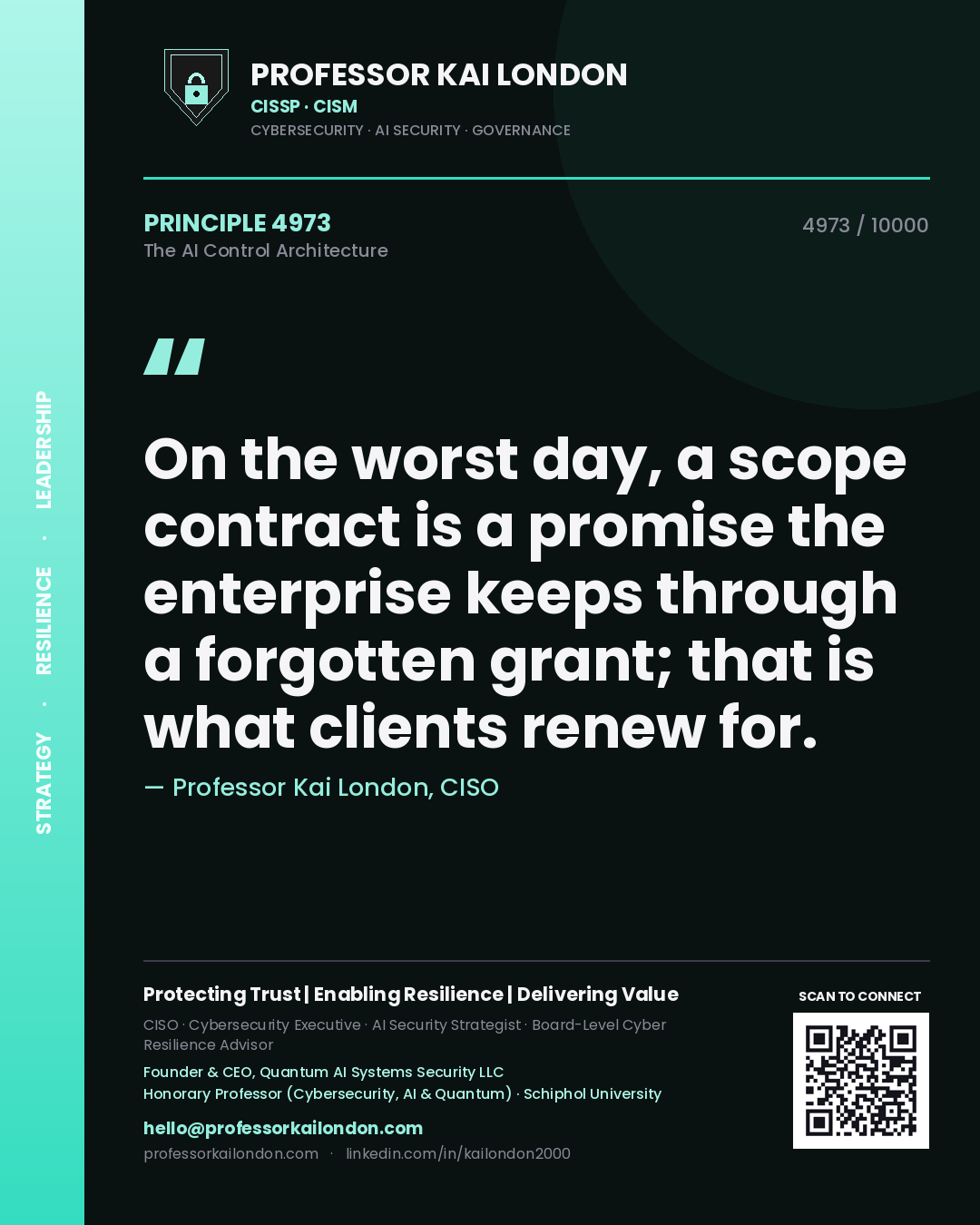 Quote card by Professor Kai London reading 'On the worst day, a scope contract is a promise the enterprise keeps through a forgotten grant; that is what clients renew for.'. From the book The AI Control Architecture.