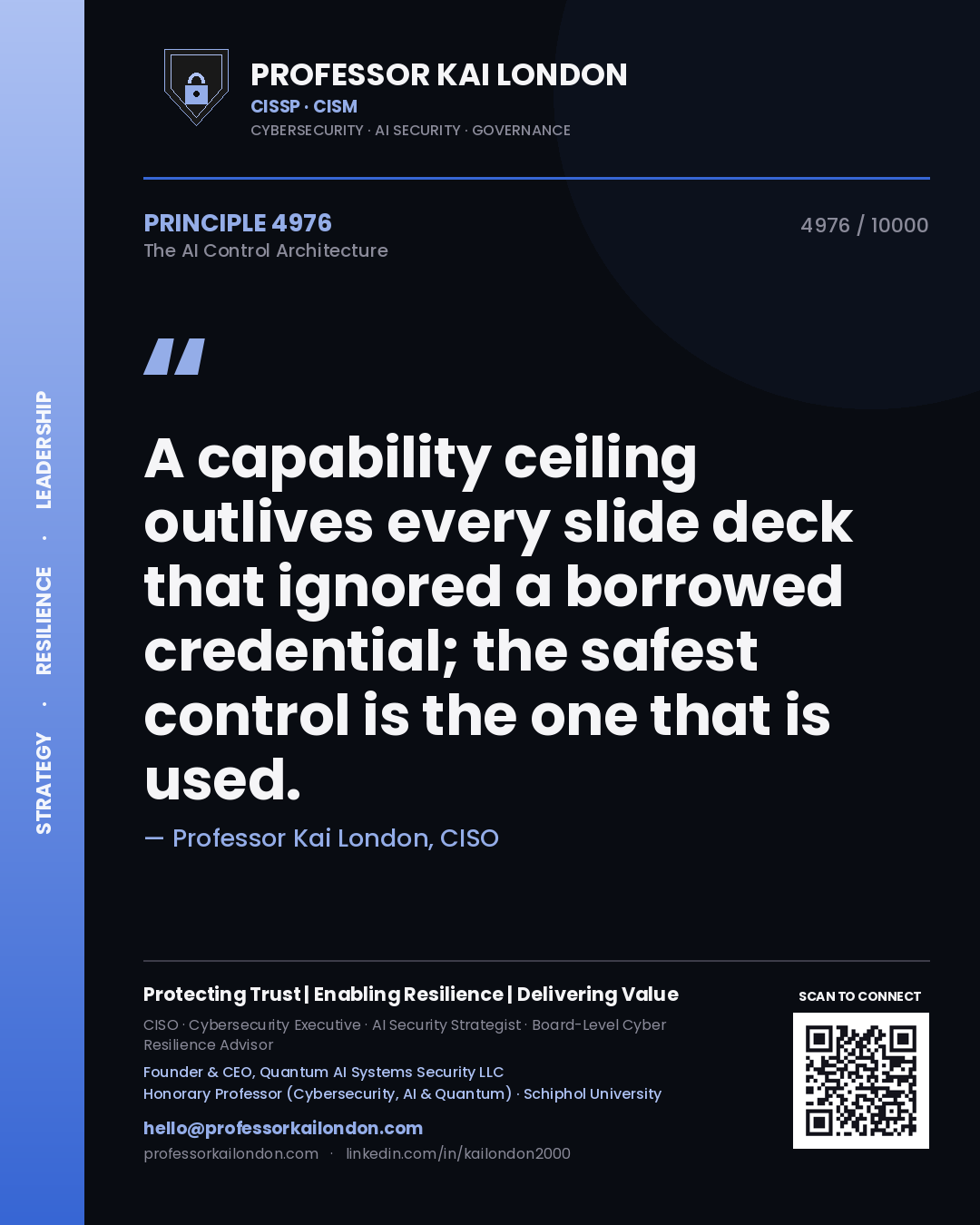Quote card by Professor Kai London reading 'A capability ceiling outlives every slide deck that ignored a borrowed credential; the safest control is the one that is used.'. From the book The AI Control Architecture.