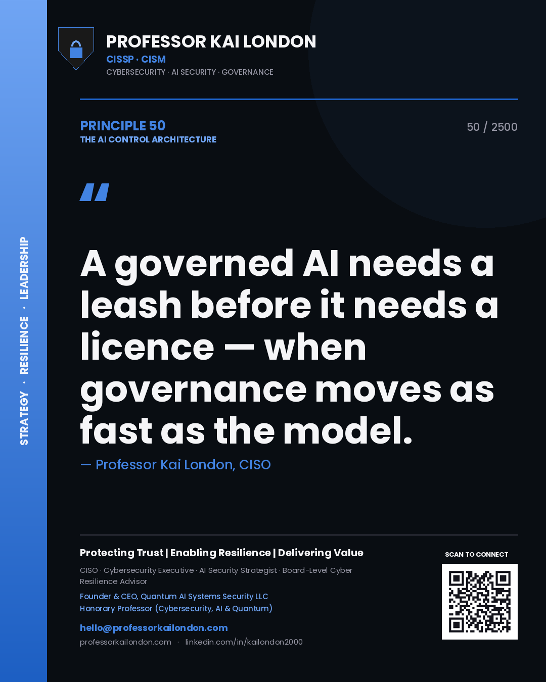 Professor Kai London principle 50: A governed AI needs a leash before it needs a licence — when governance moves as fast as the model.