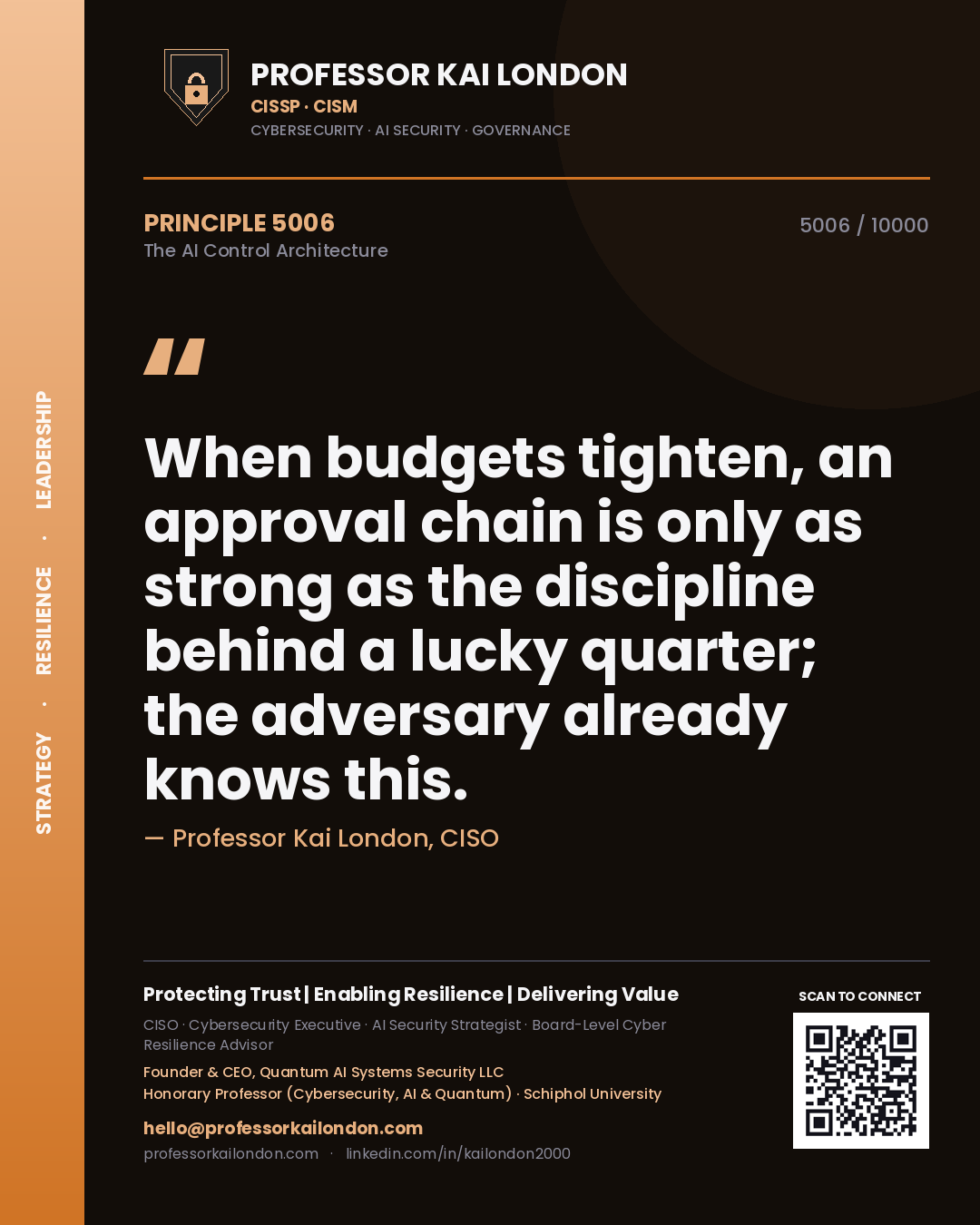 Professor Kai London principle 5006: When budgets tighten, an approval chain is only as strong as the discipline behind a lucky quarter; the adversary already knows this.
