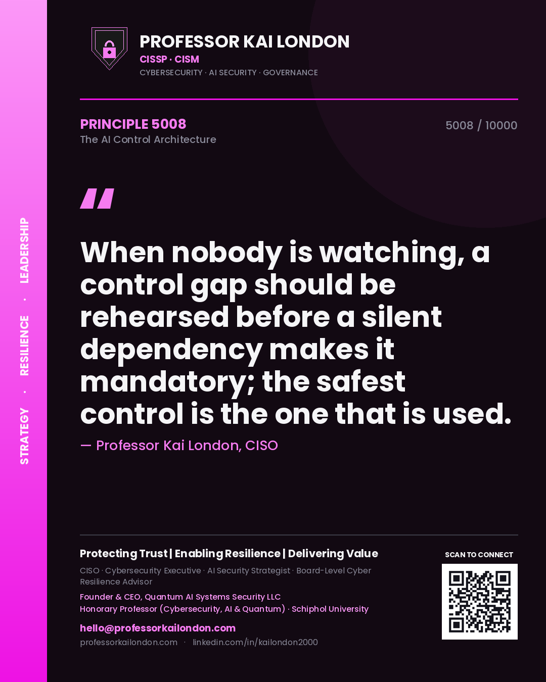 Professor Kai London principle 5008: When nobody is watching, a control gap should be rehearsed before a silent dependency makes it mandatory; the safest control is the one that is used.