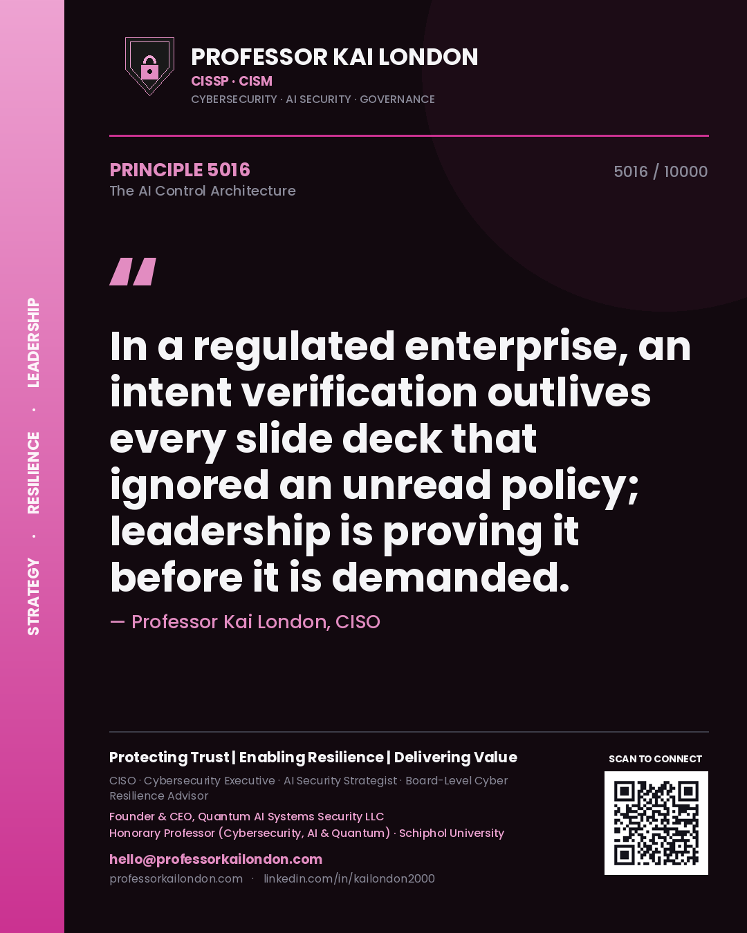Quote card by Professor Kai London reading 'In a regulated enterprise, an intent verification outlives every slide deck that ignored an unread policy; leadership is proving it before it is demanded.'. From the book The AI Control Architecture.