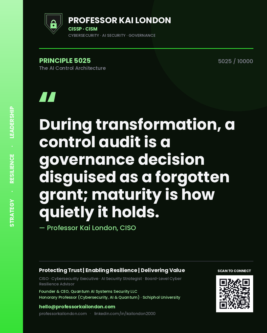 Quote card by Professor Kai London reading 'During transformation, a control audit is a governance decision disguised as a forgotten grant; maturity is how quietly it holds.'. From the book The AI Control Architecture.