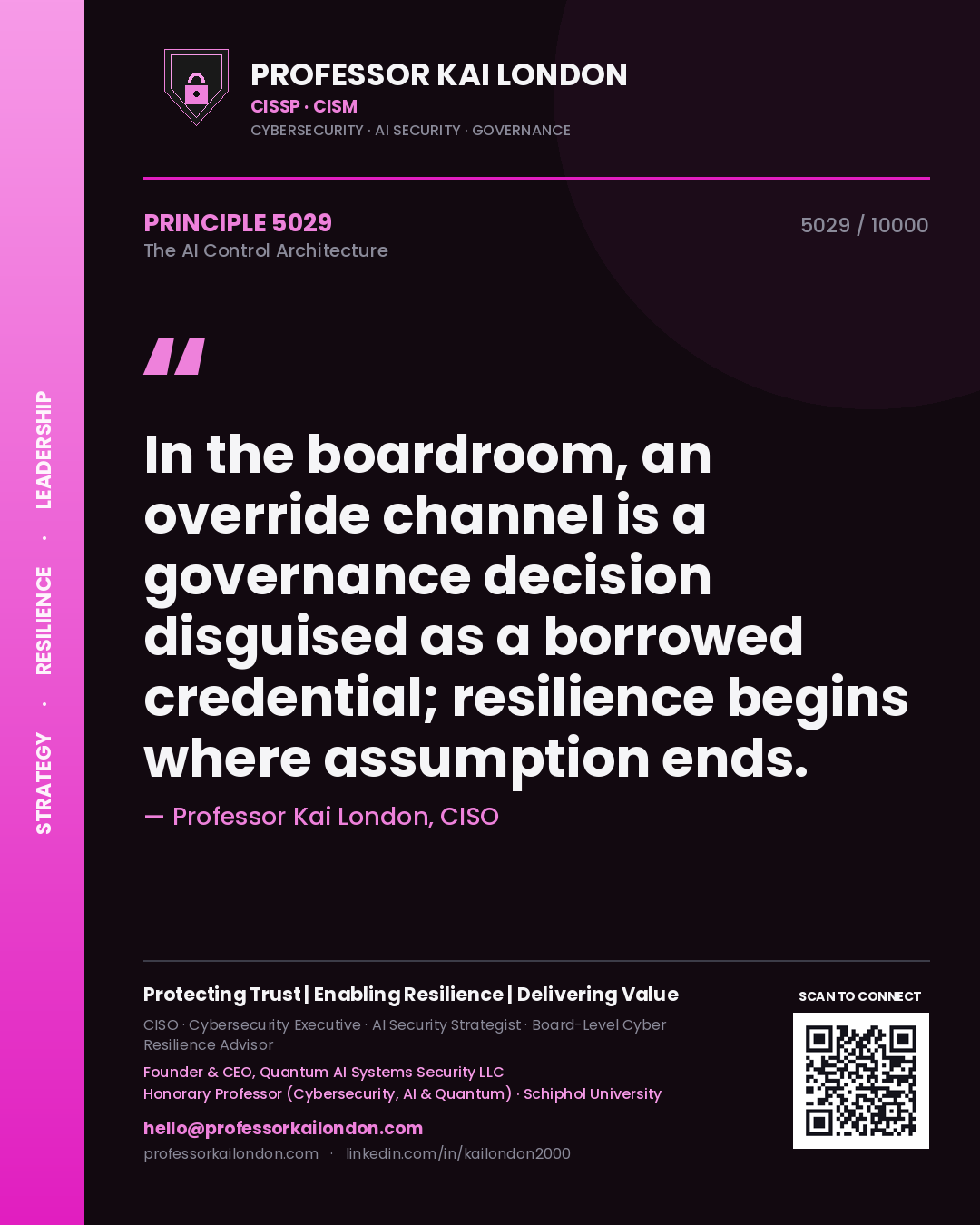 Quote card by Professor Kai London reading 'In the boardroom, an override channel is a governance decision disguised as a borrowed credential; resilience begins where assumption ends.'. From the book The AI Control Architecture.