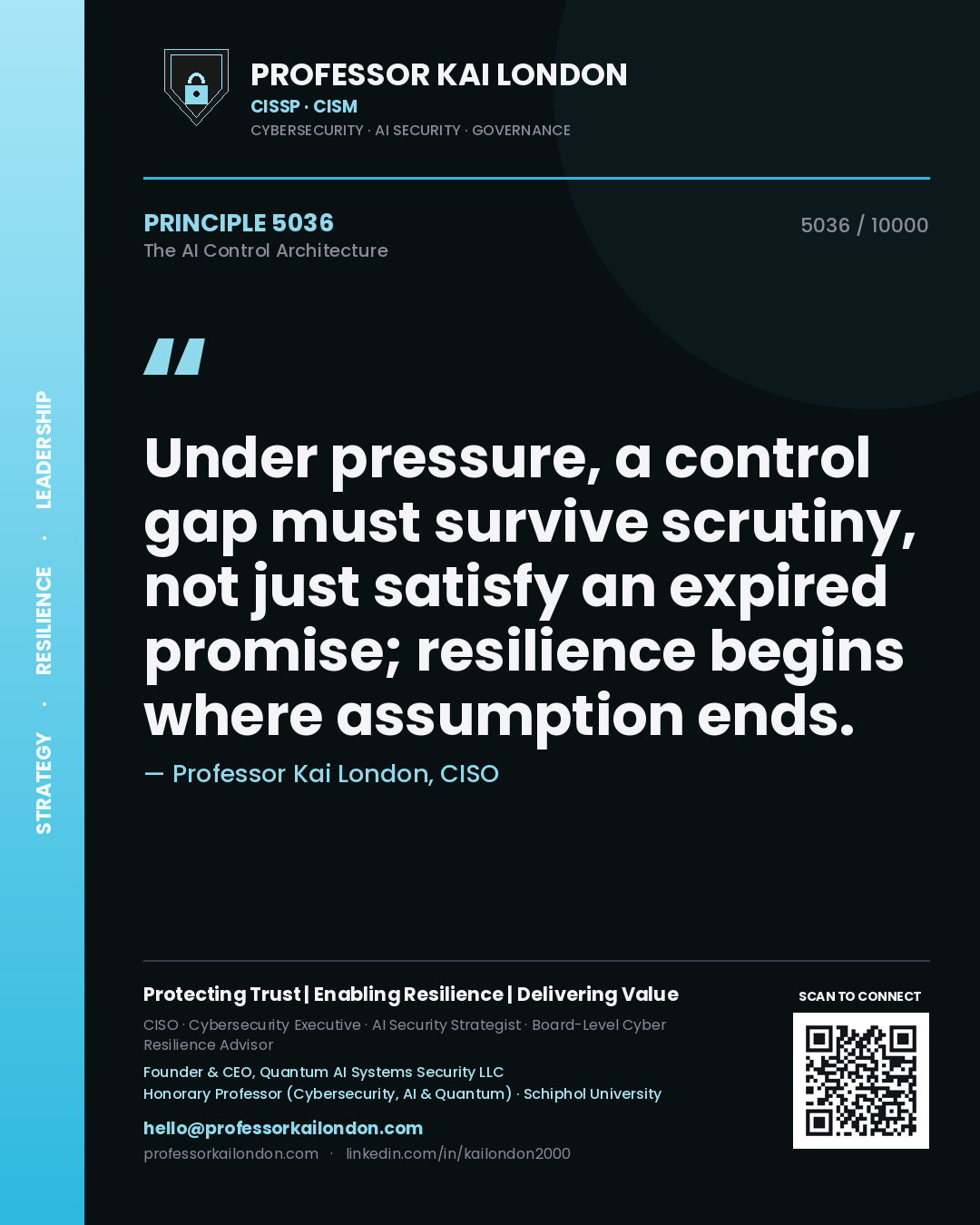 Quote card by Professor Kai London reading 'Under pressure, a control gap must survive scrutiny, not just satisfy an expired promise; resilience begins where assumption ends.'. From the book The AI Control Architecture.