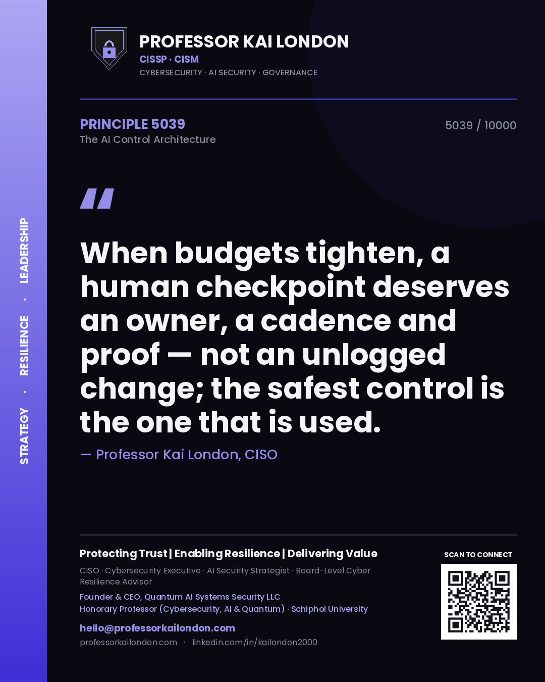 Quote card by Professor Kai London reading 'When budgets tighten, a human checkpoint deserves an owner, a cadence and proof — not an unlogged change; the safest control is the one that is used.'. From the book The AI Control Architecture.