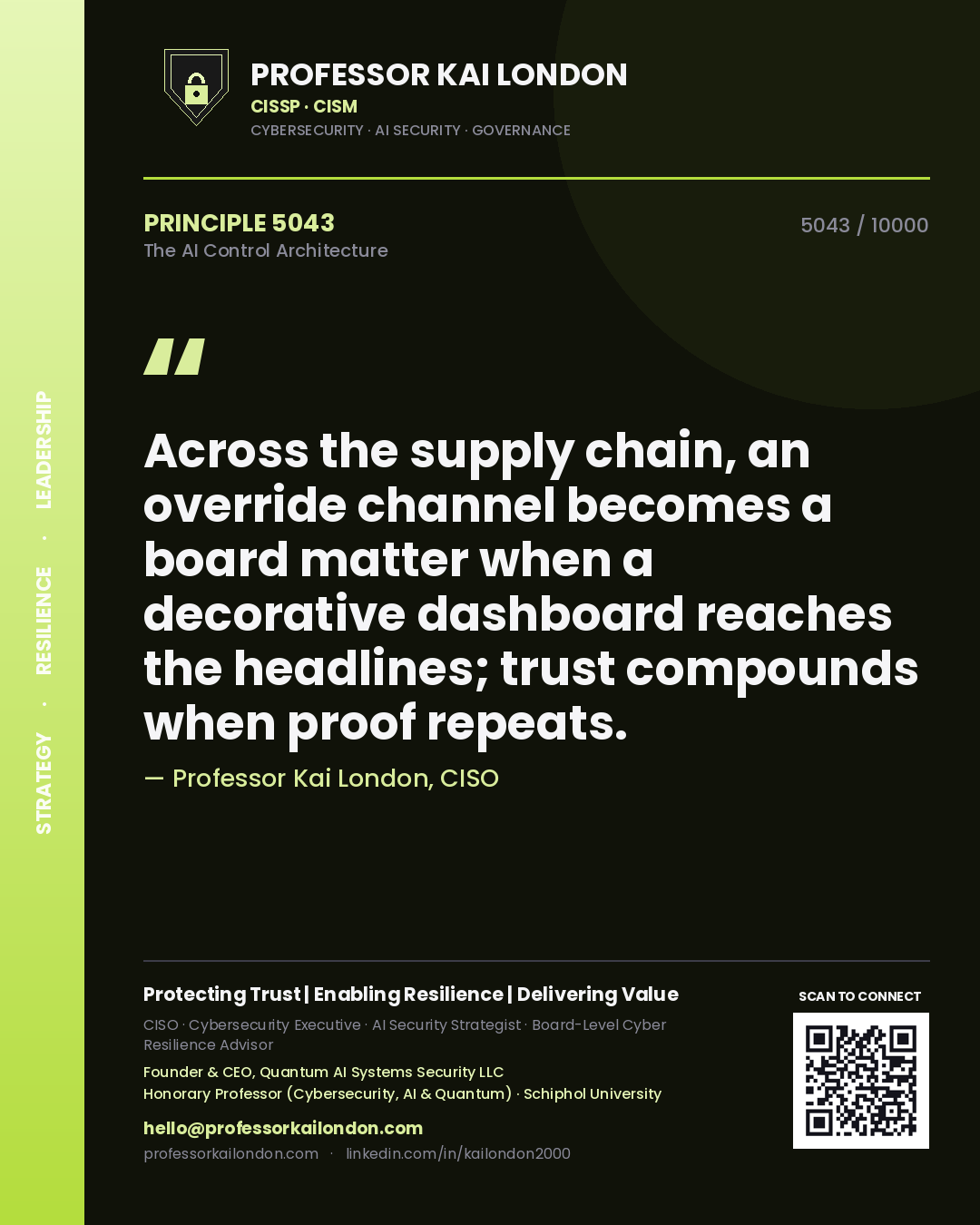 Quote card by Professor Kai London reading 'Across the supply chain, an override channel becomes a board matter when a decorative dashboard reaches the headlines; trust compounds when proof repeats.'. From the book The AI Control Architecture.