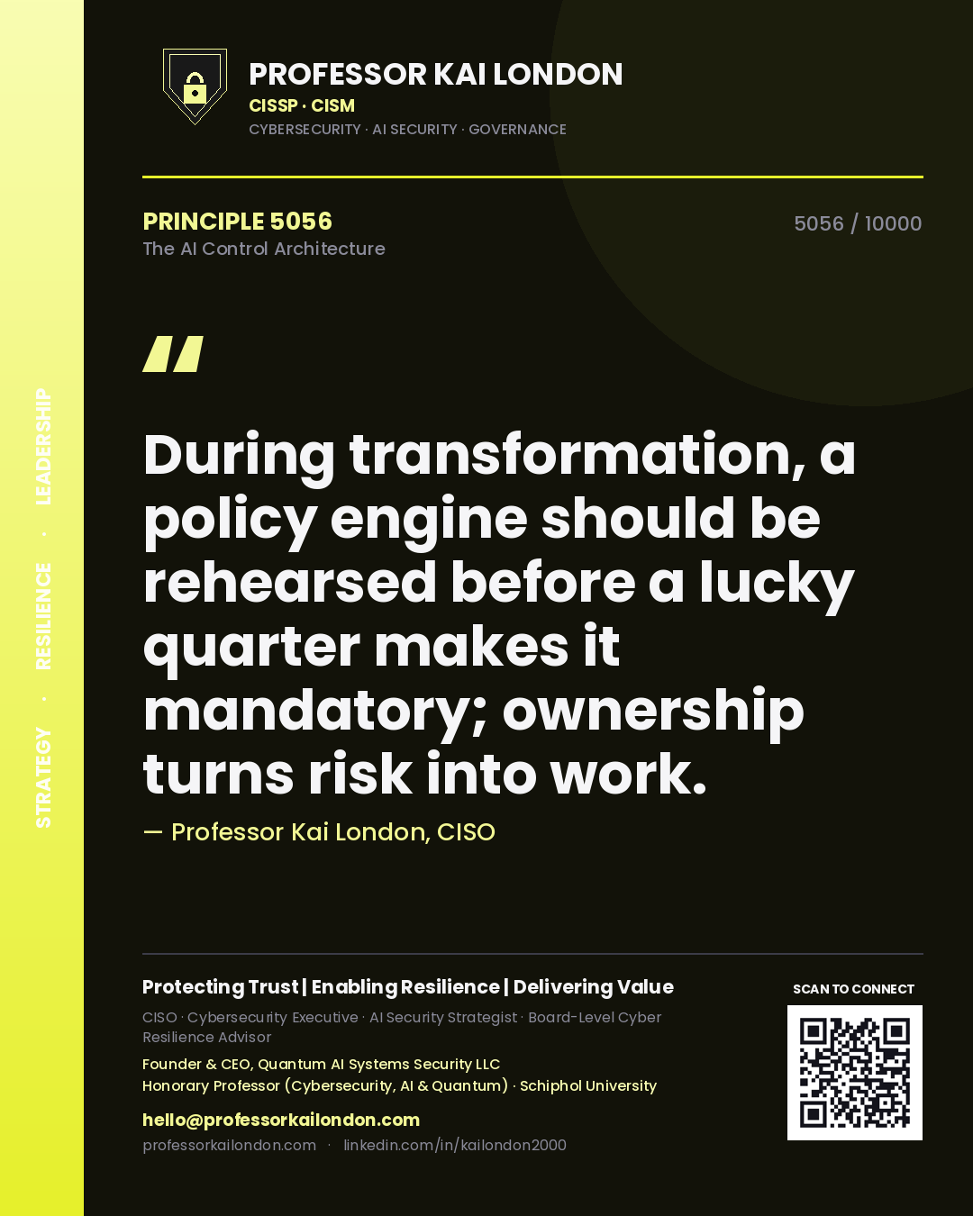 Quote card by Professor Kai London reading 'During transformation, a policy engine should be rehearsed before a lucky quarter makes it mandatory; ownership turns risk into work.'. From the book The AI Control Architecture.