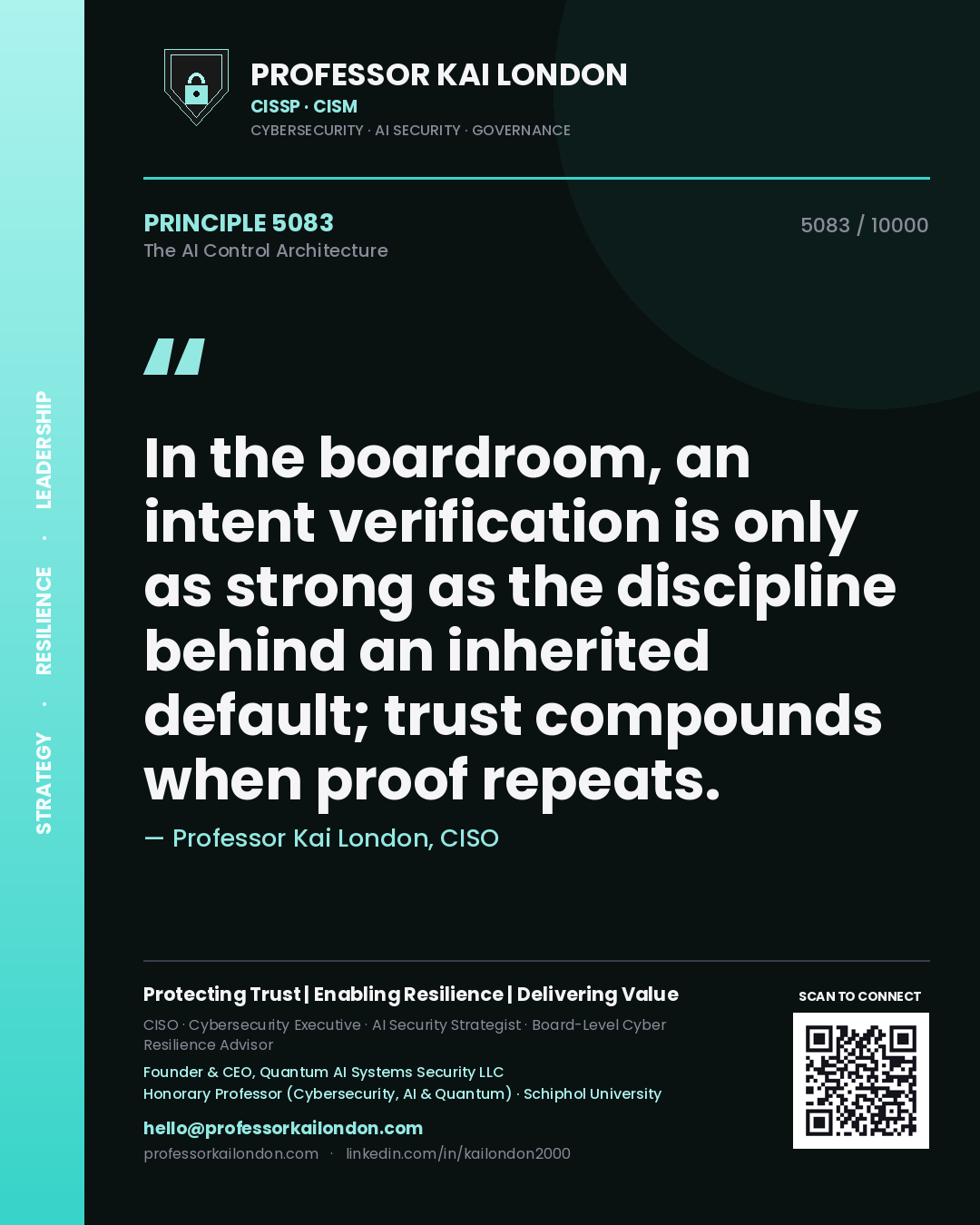Professor Kai London principle 5083: In the boardroom, an intent verification is only as strong as the discipline behind an inherited default; trust compounds when proof repeats.