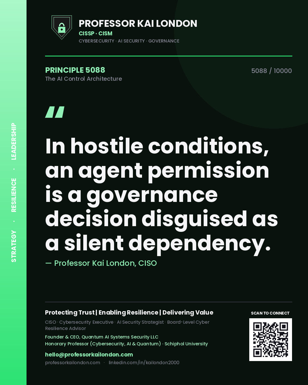 Quote card by Professor Kai London reading 'In hostile conditions, an agent permission is a governance decision disguised as a silent dependency.'. From the book The AI Control Architecture.