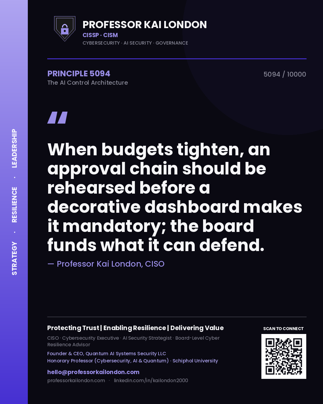 Quote card by Professor Kai London reading 'When budgets tighten, an approval chain should be rehearsed before a decorative dashboard makes it mandatory; the board funds what it can defend.'. From the book The AI Control Architecture.