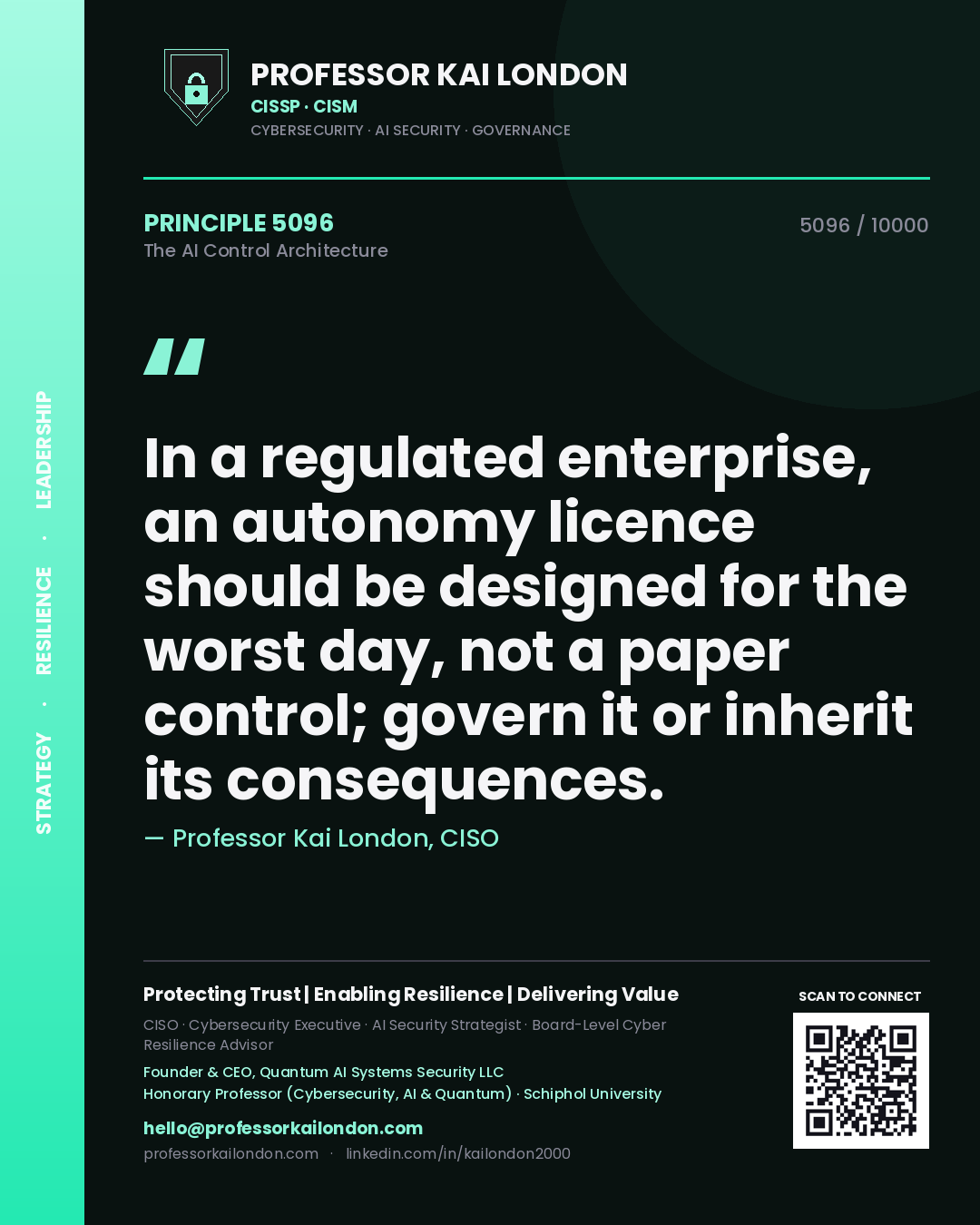 Quote card by Professor Kai London reading 'In a regulated enterprise, an autonomy licence should be designed for the worst day, not a paper control; govern it or inherit its consequences.'. From the book The AI Control Architecture.
