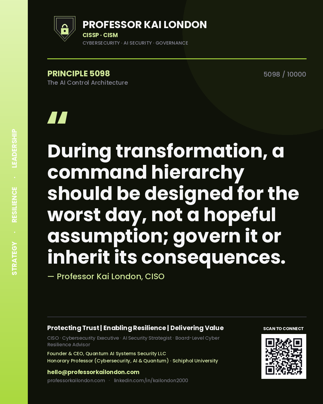 Professor Kai London principle 5098: During transformation, a command hierarchy should be designed for the worst day, not a hopeful assumption; govern it or inherit its consequences.