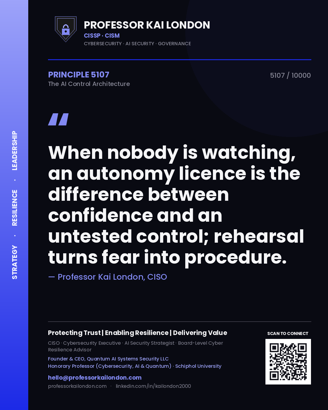 Professor Kai London principle 5107: When nobody is watching, an autonomy licence is the difference between confidence and an untested control; rehearsal turns fear into procedure.