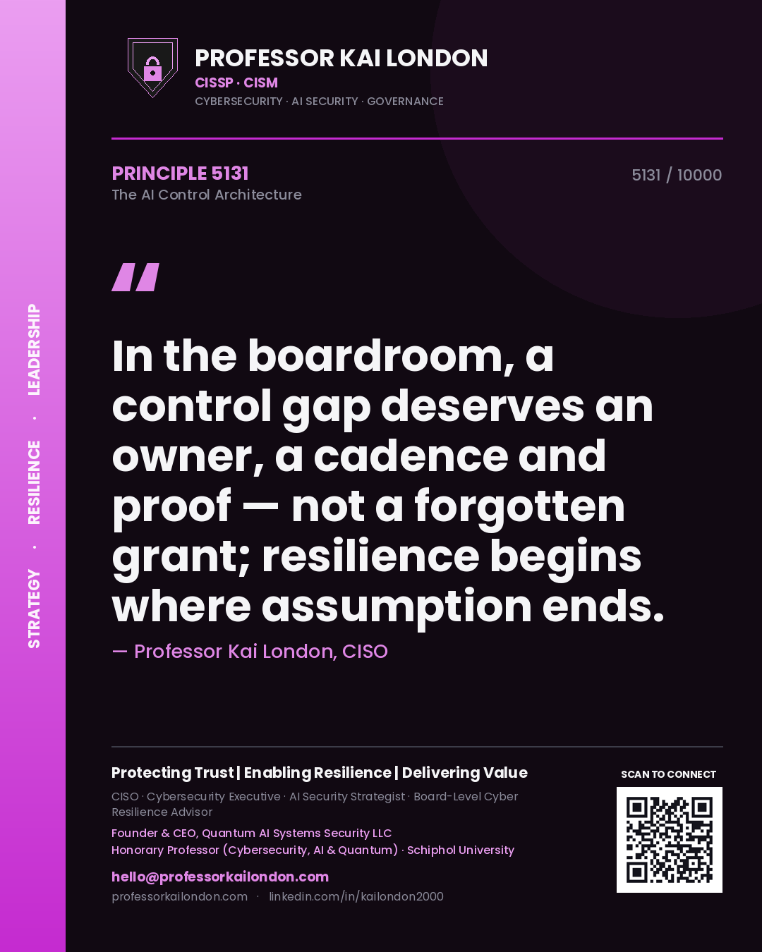Professor Kai London principle 5131: In the boardroom, a control gap deserves an owner, a cadence and proof — not a forgotten grant; resilience begins where assumption ends.