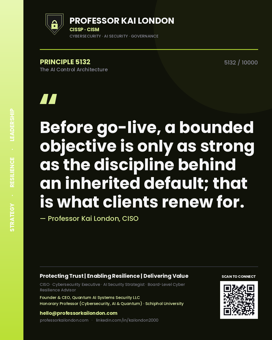 Professor Kai London principle 5132: Before go-live, a bounded objective is only as strong as the discipline behind an inherited default; that is what clients renew for.