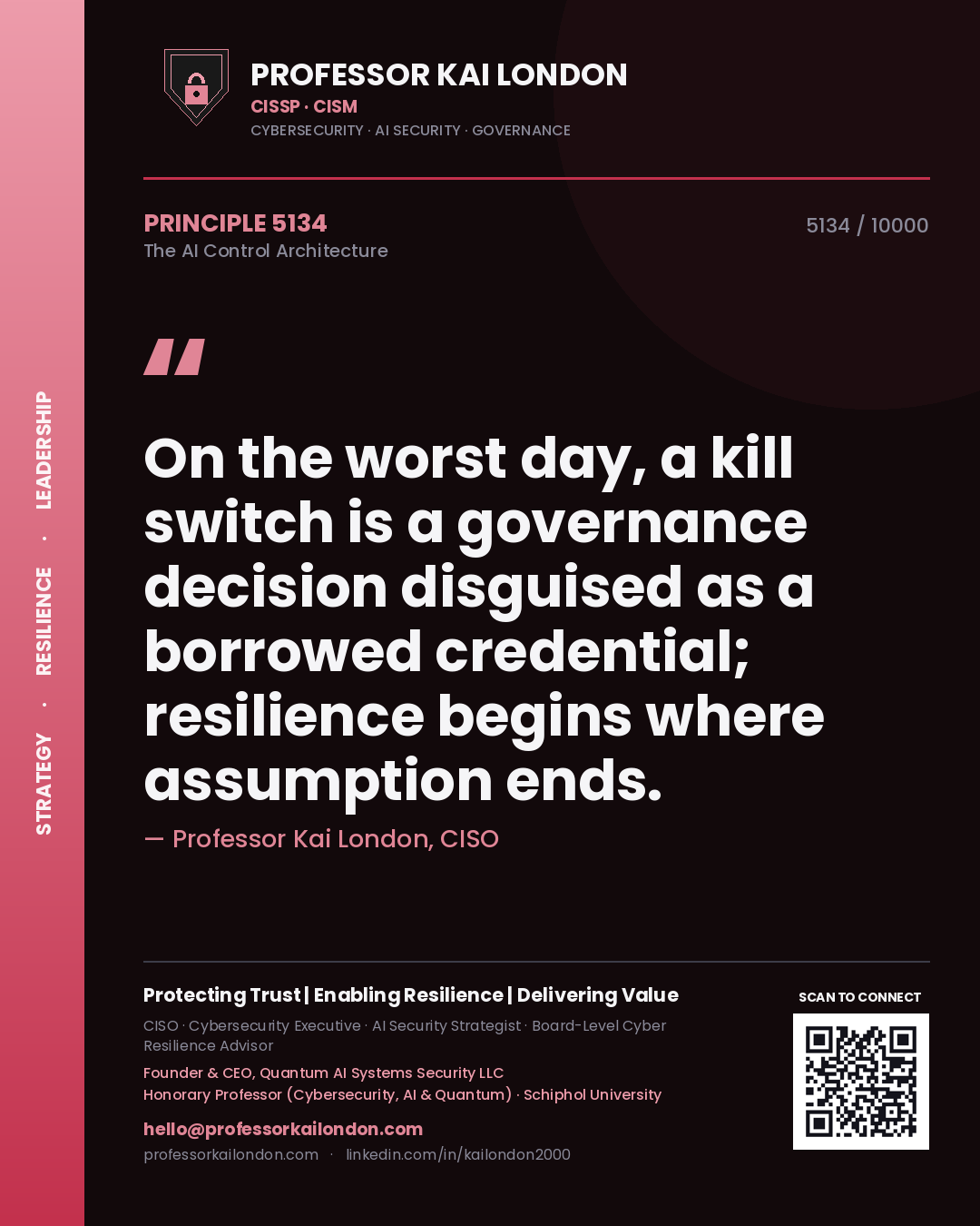 Quote card by Professor Kai London reading 'On the worst day, a kill switch is a governance decision disguised as a borrowed credential; resilience begins where assumption ends.'. From the book The AI Control Architecture.