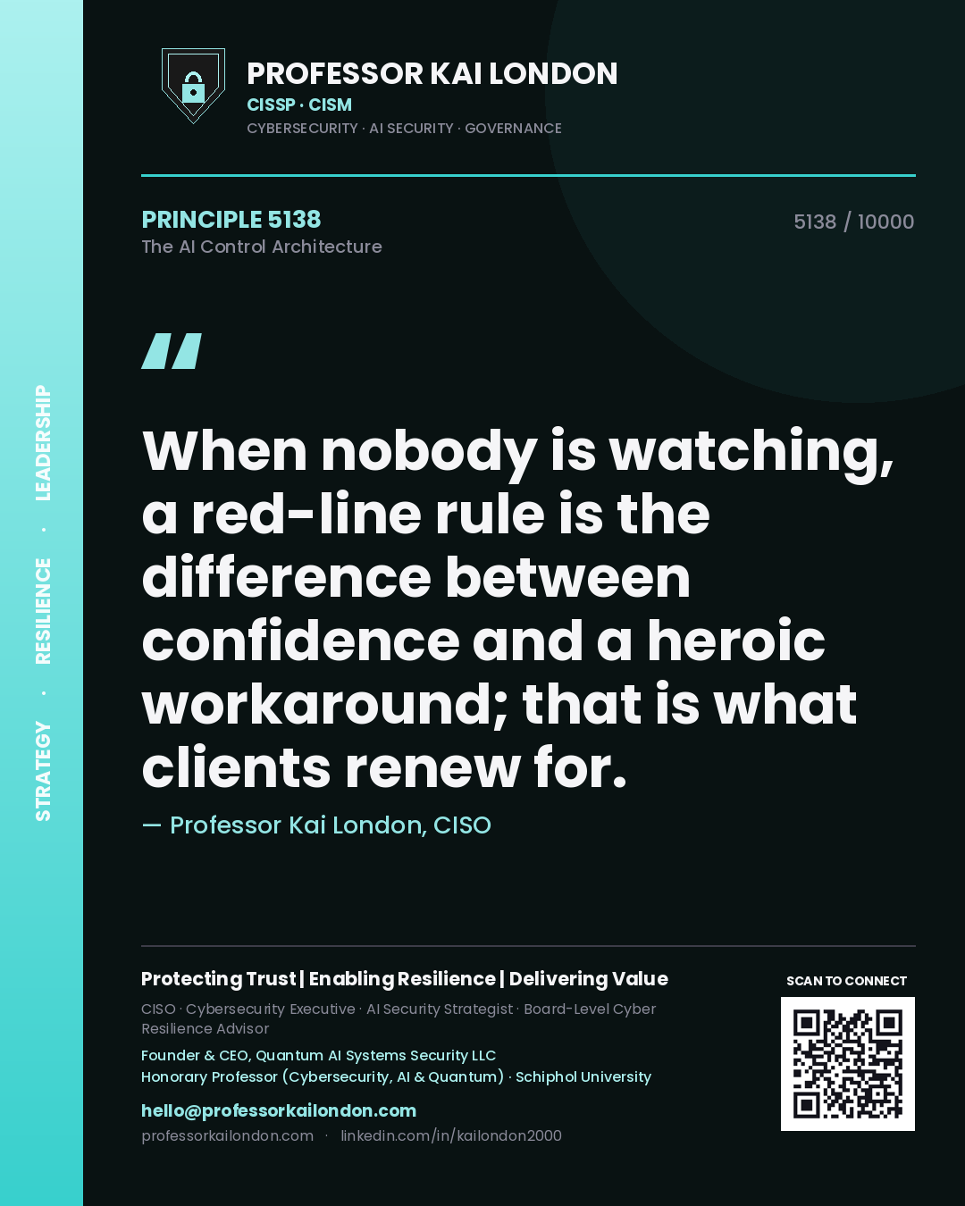 Quote card by Professor Kai London reading 'When nobody is watching, a red-line rule is the difference between confidence and a heroic workaround; that is what clients renew for.'. From the book The AI Control Architecture.