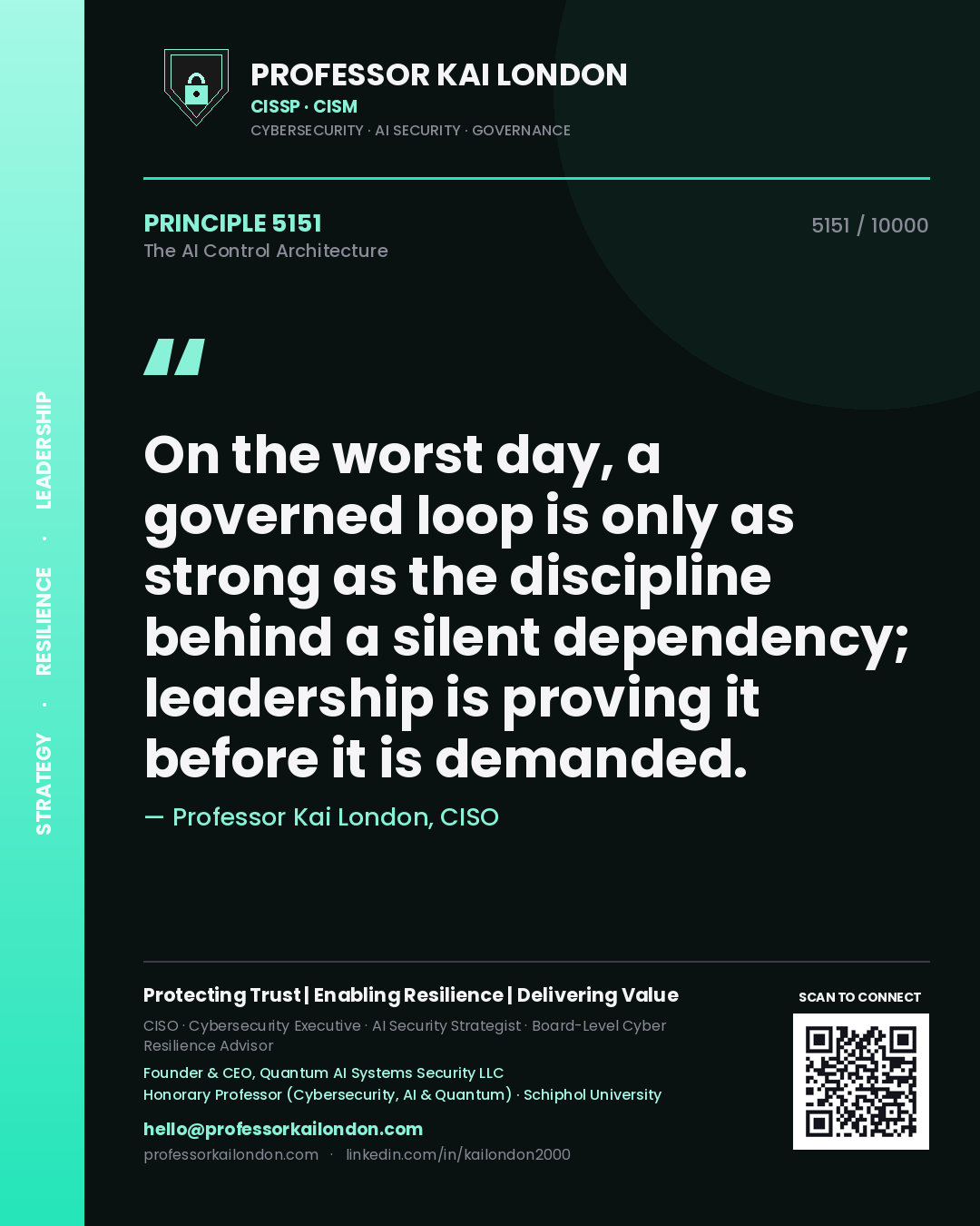 Quote card by Professor Kai London reading 'On the worst day, a governed loop is only as strong as the discipline behind a silent dependency; leadership is proving it before it is demanded.'. From the book The AI Control Architecture.