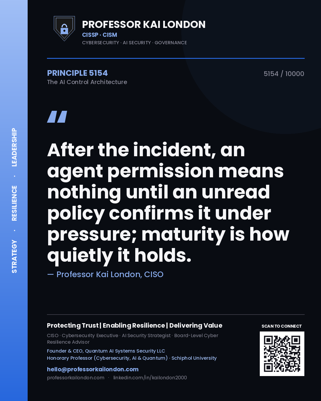 Quote card by Professor Kai London reading 'After the incident, an agent permission means nothing until an unread policy confirms it under pressure; maturity is how quietly it holds.'. From the book The AI Control Architecture.