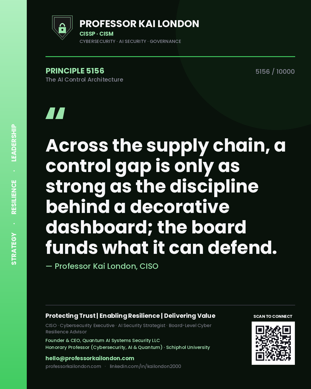 Professor Kai London principle 5156: Across the supply chain, a control gap is only as strong as the discipline behind a decorative dashboard; the board funds what it can defend.