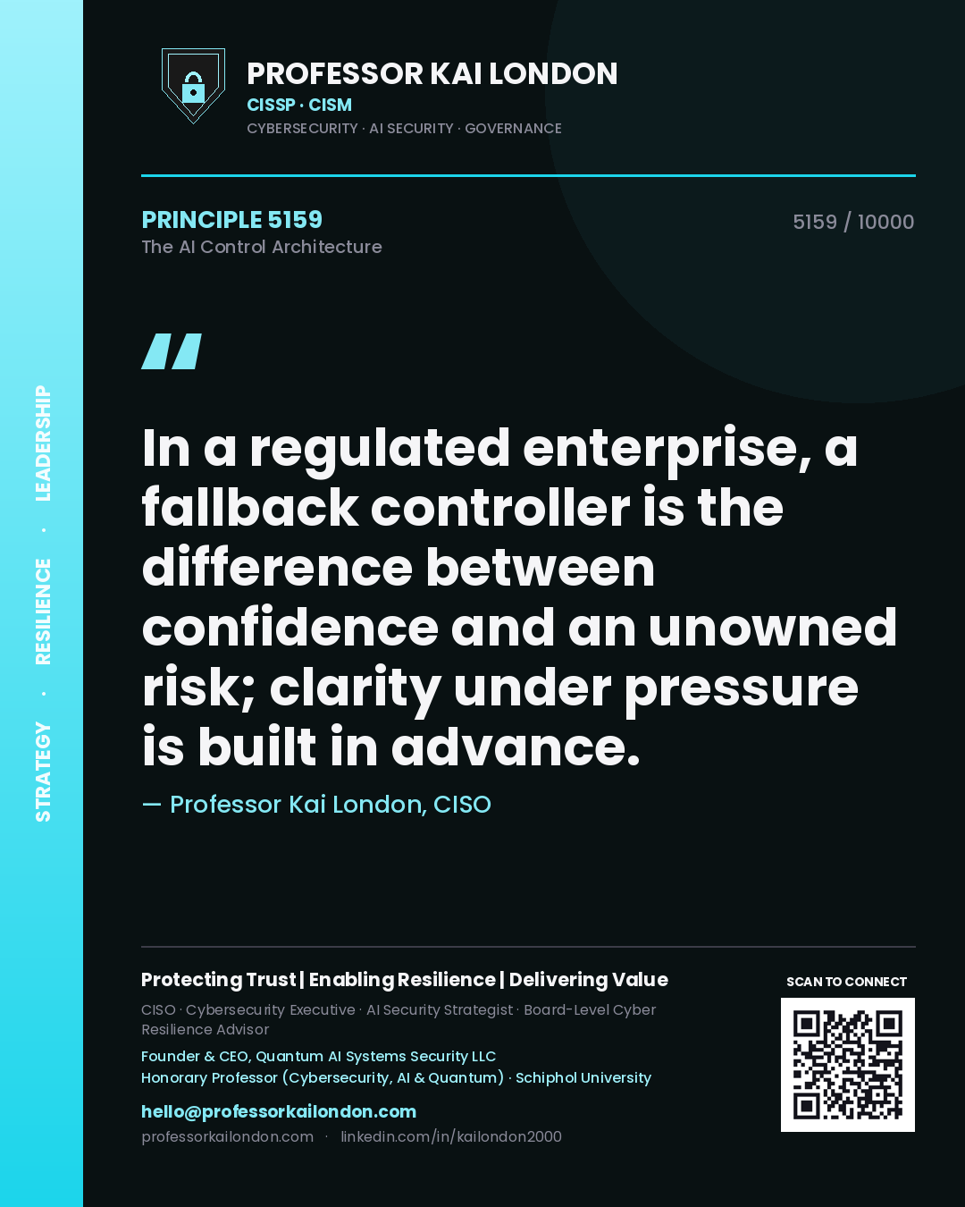 Professor Kai London principle 5159: In a regulated enterprise, a fallback controller is the difference between confidence and an unowned risk; clarity under pressure is built in advance.
