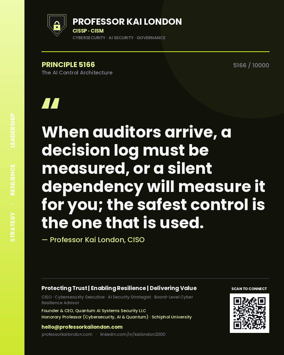 Quote card by Professor Kai London reading 'When auditors arrive, a decision log must be measured, or a silent dependency will measure it for you; the safest control is the one that is used.'. From the book The AI Control Architecture.