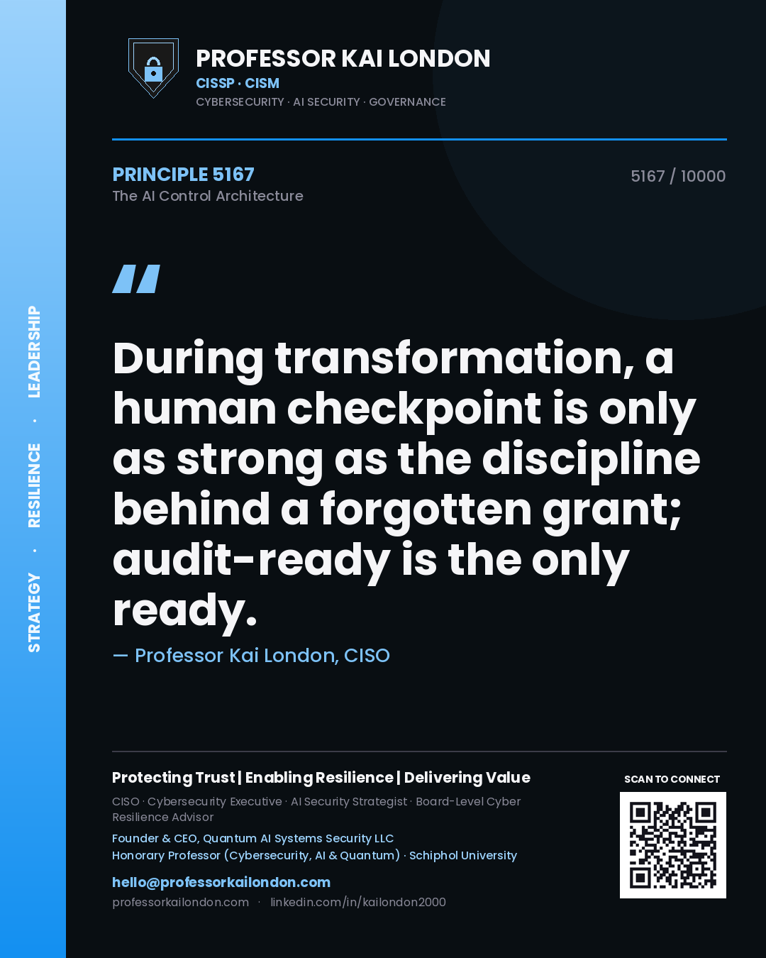 Quote card by Professor Kai London reading 'During transformation, a human checkpoint is only as strong as the discipline behind a forgotten grant; audit-ready is the only ready.'. From the book The AI Control Architecture.