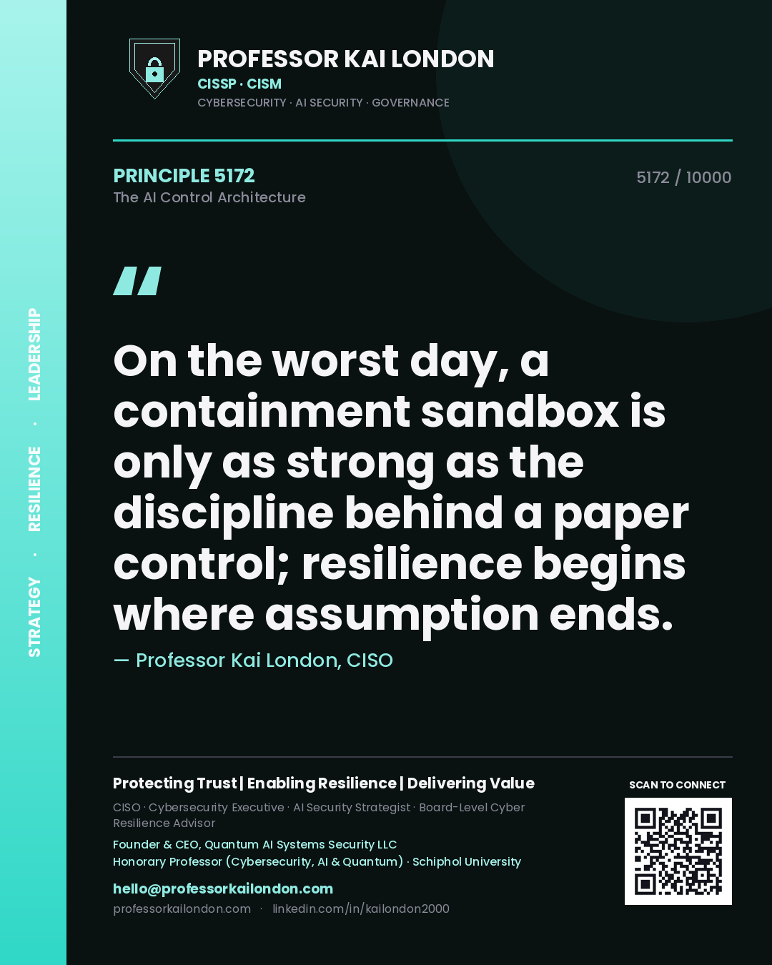 Quote card by Professor Kai London reading 'On the worst day, a containment sandbox is only as strong as the discipline behind a paper control; resilience begins where assumption ends.'. From the book The AI Control Architecture.