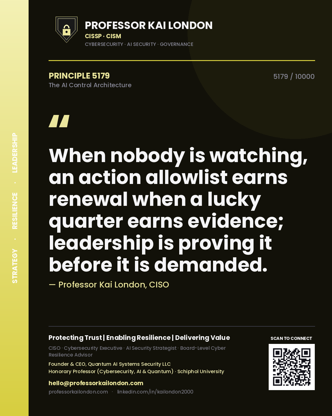 Quote card by Professor Kai London reading 'When nobody is watching, an action allowlist earns renewal when a lucky quarter earns evidence; leadership is proving it before it is demanded.'. From the book The AI Control Architecture.