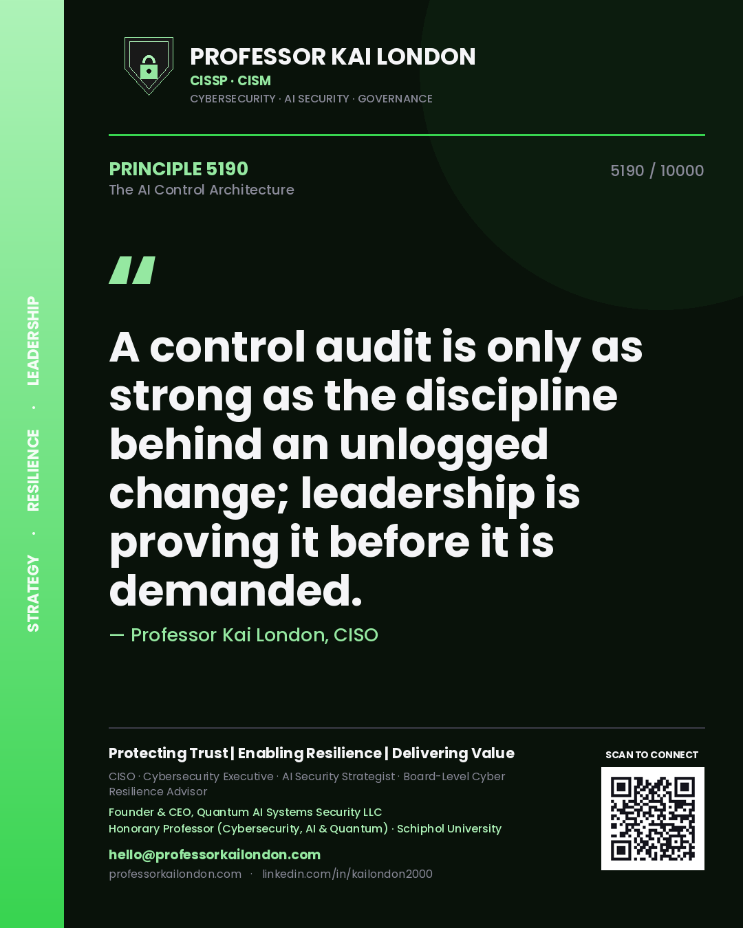 Quote card by Professor Kai London reading 'A control audit is only as strong as the discipline behind an unlogged change; leadership is proving it before it is demanded.'. From the book The AI Control Architecture.