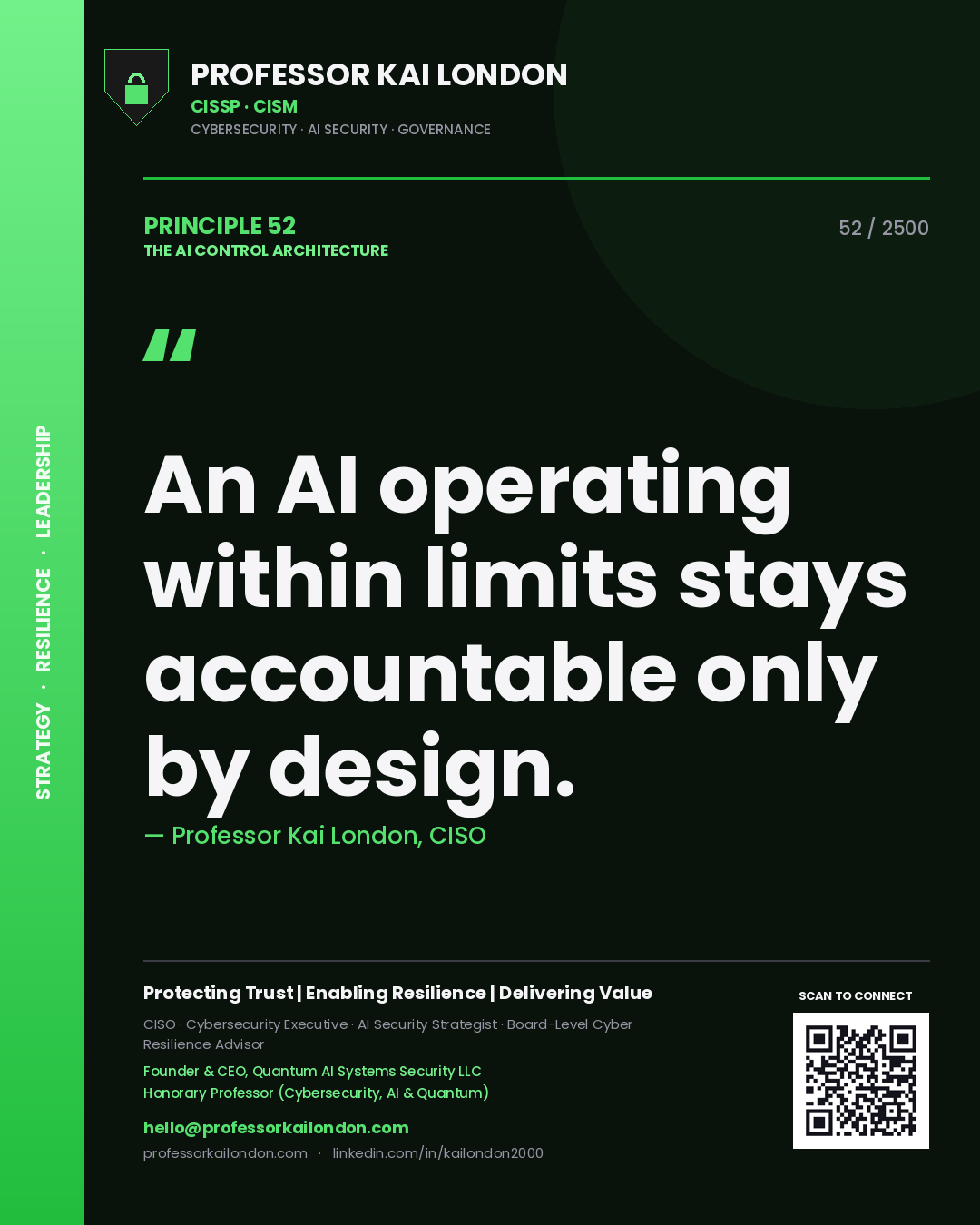 Professor Kai London principle 52: An AI operating within limits stays accountable only by design.