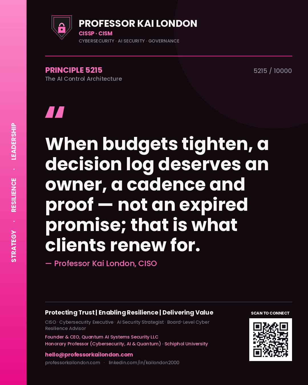 Quote card by Professor Kai London reading 'When budgets tighten, a decision log deserves an owner, a cadence and proof — not an expired promise; that is what clients renew for.'. From the book The AI Control Architecture.