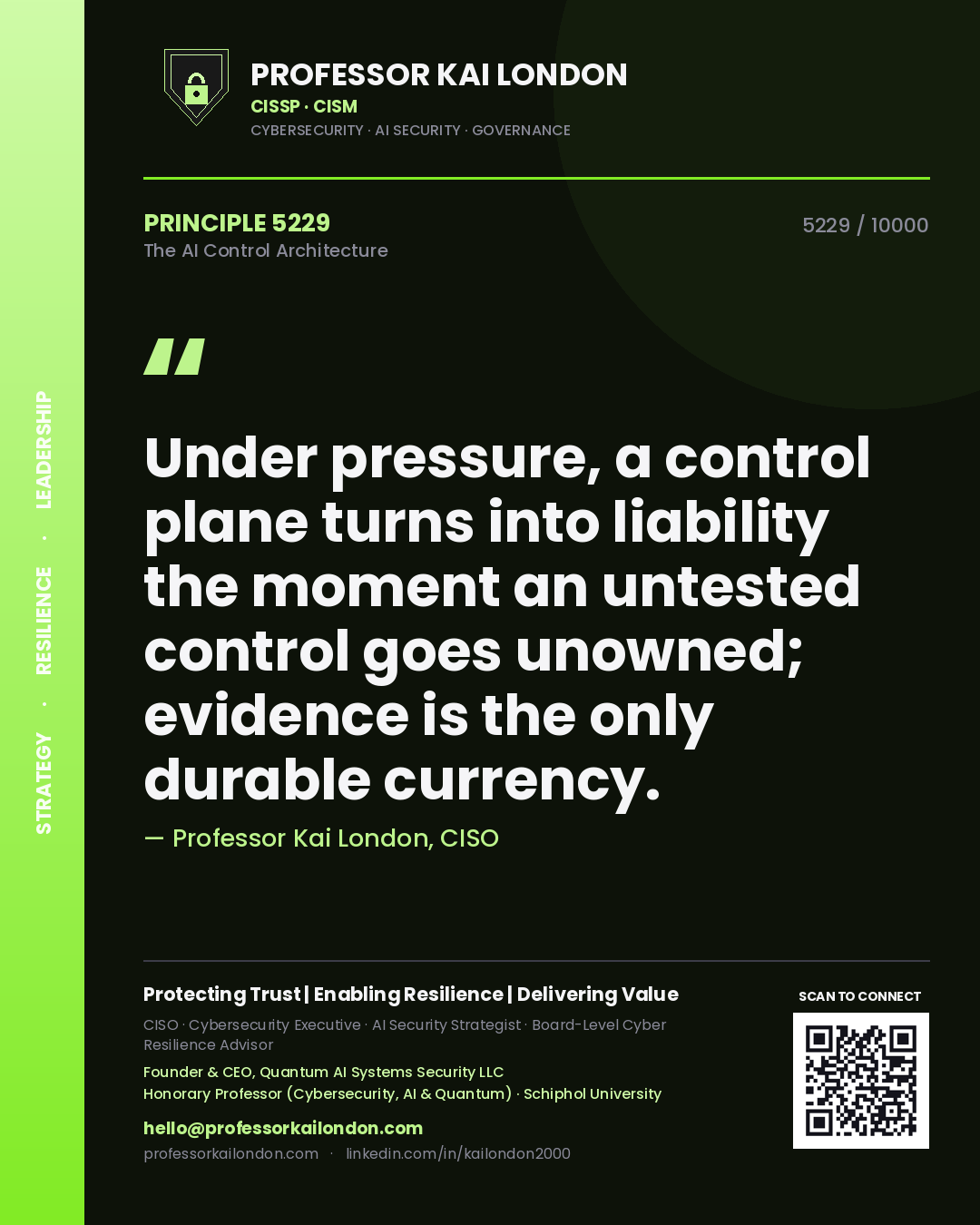 Professor Kai London principle 5229: Under pressure, a control plane turns into liability the moment an untested control goes unowned; evidence is the only durable currency.