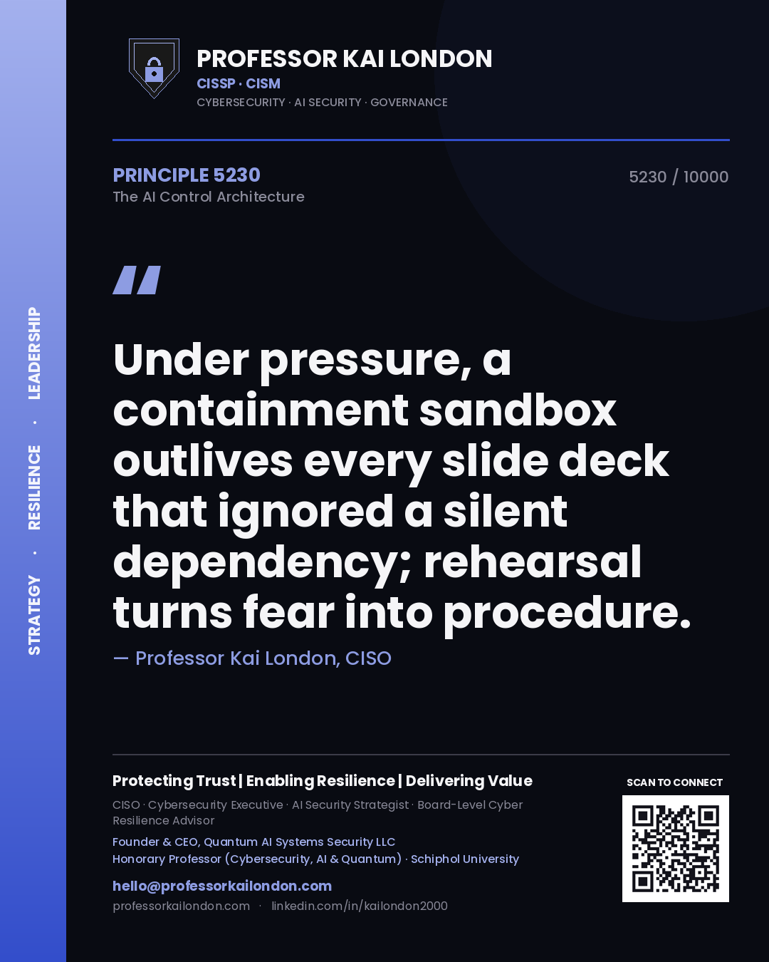 Professor Kai London principle 5230: Under pressure, a containment sandbox outlives every slide deck that ignored a silent dependency; rehearsal turns fear into procedure.