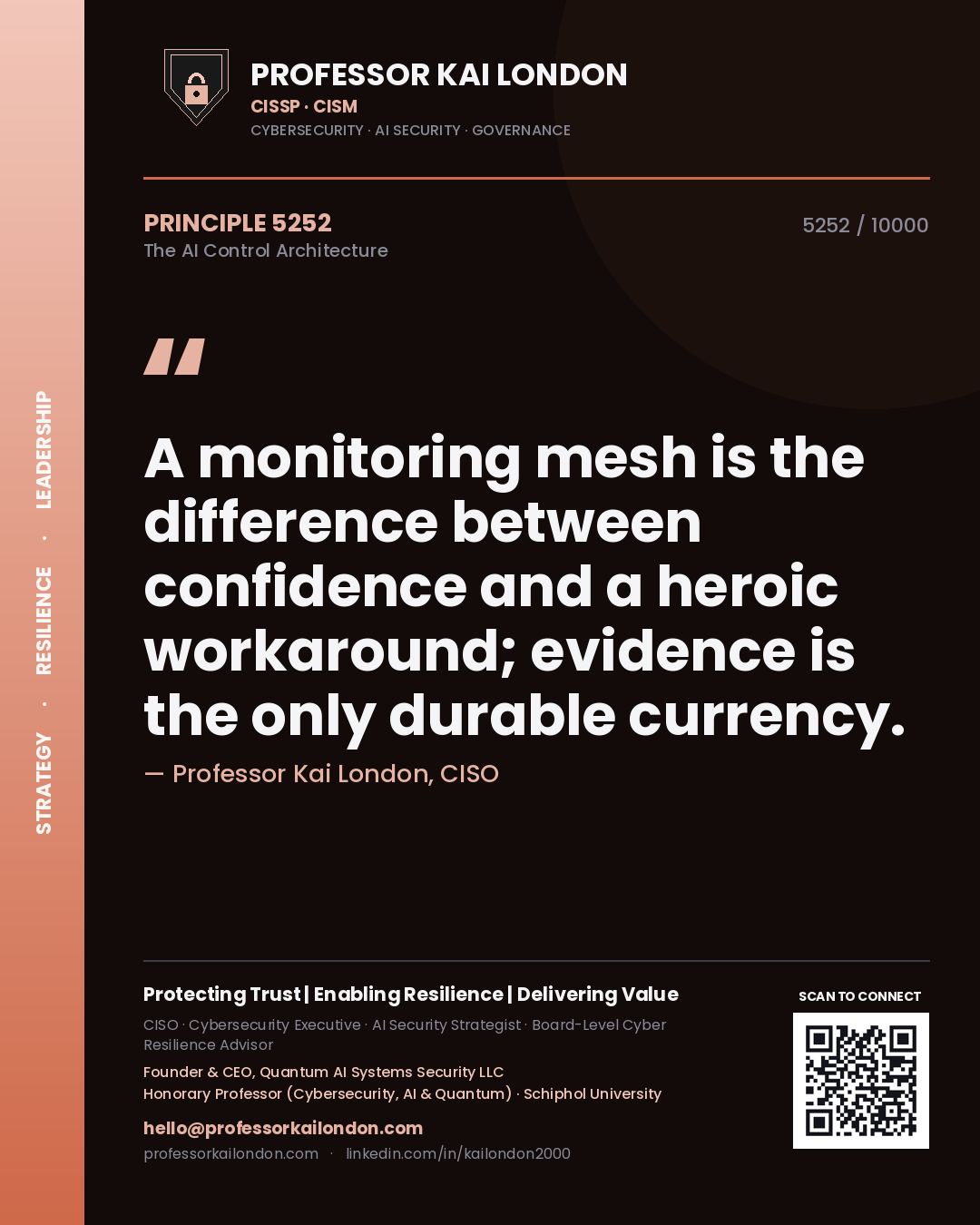 Professor Kai London principle 5252: A monitoring mesh is the difference between confidence and a heroic workaround; evidence is the only durable currency.