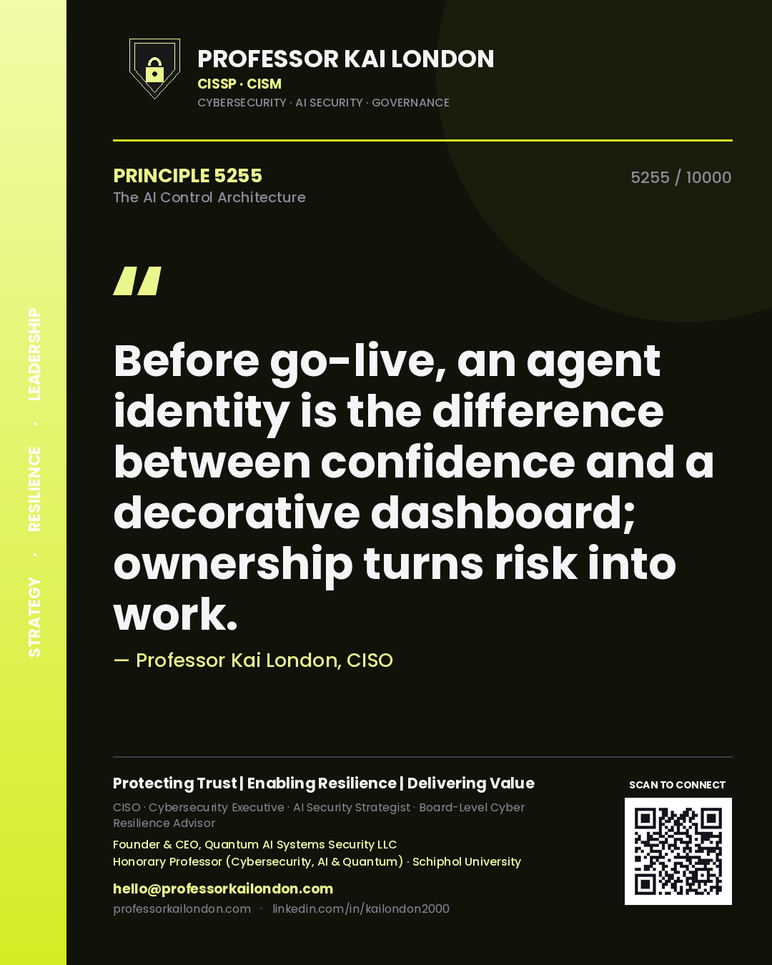 Professor Kai London principle 5255: Before go-live, an agent identity is the difference between confidence and a decorative dashboard; ownership turns risk into work.