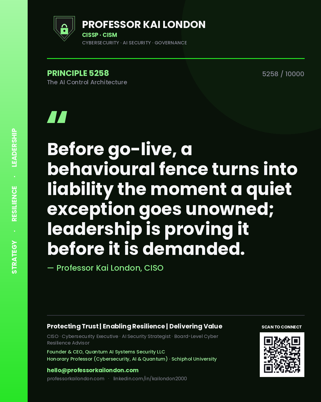 Professor Kai London principle 5258: Before go-live, a behavioural fence turns into liability the moment a quiet exception goes unowned; leadership is proving it before it is demanded.