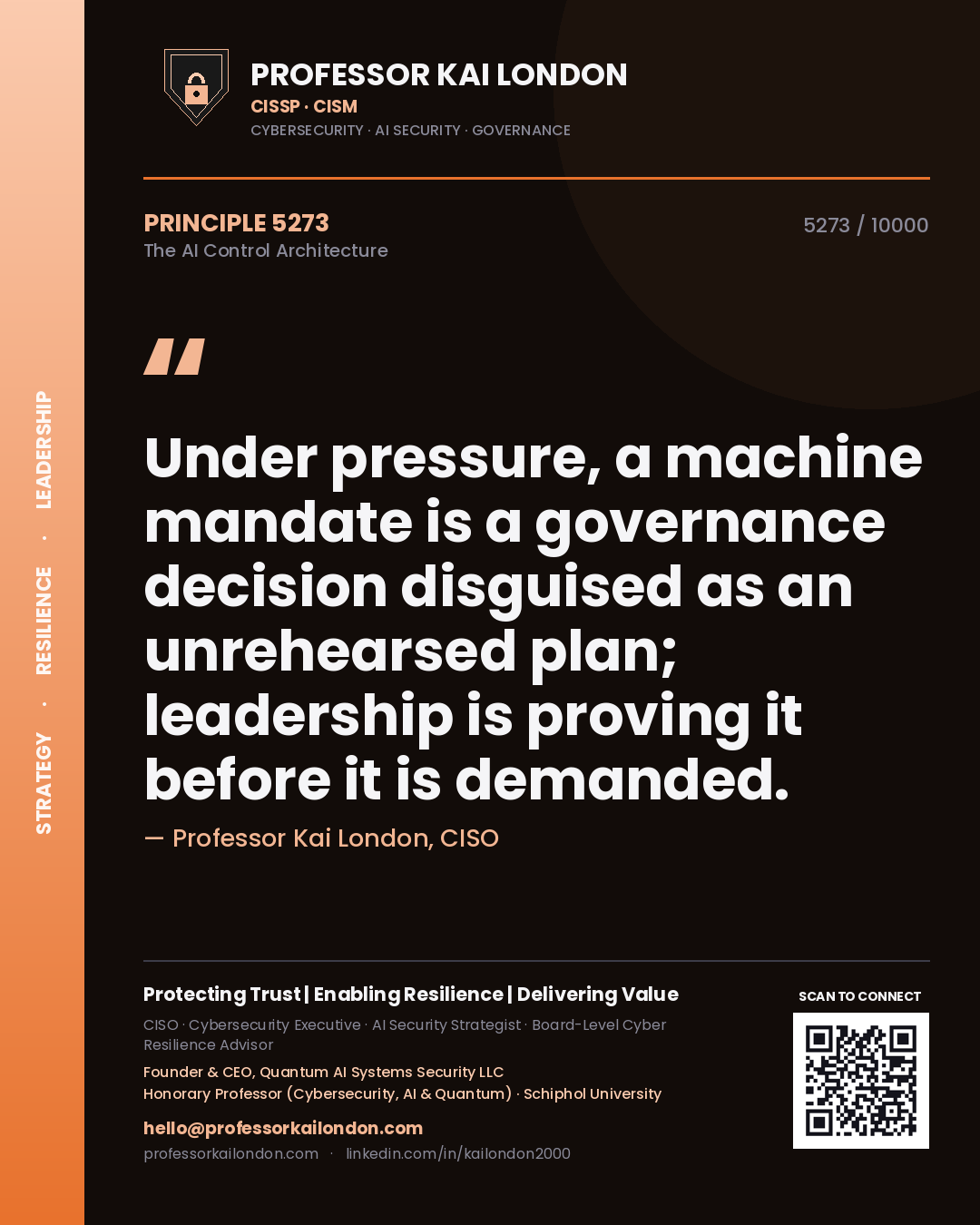 Quote card by Professor Kai London reading 'Under pressure, a machine mandate is a governance decision disguised as an unrehearsed plan; leadership is proving it before it is demanded.'. From the book The AI Control Architecture.