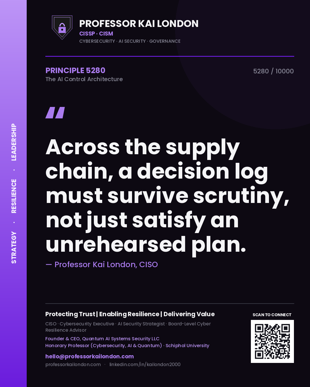 Professor Kai London principle 5280: Across the supply chain, a decision log must survive scrutiny, not just satisfy an unrehearsed plan.