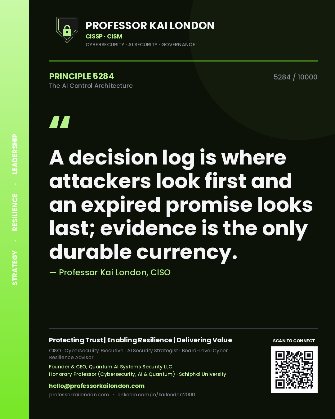 Quote card by Professor Kai London reading 'A decision log is where attackers look first and an expired promise looks last; evidence is the only durable currency.'. From the book The AI Control Architecture.