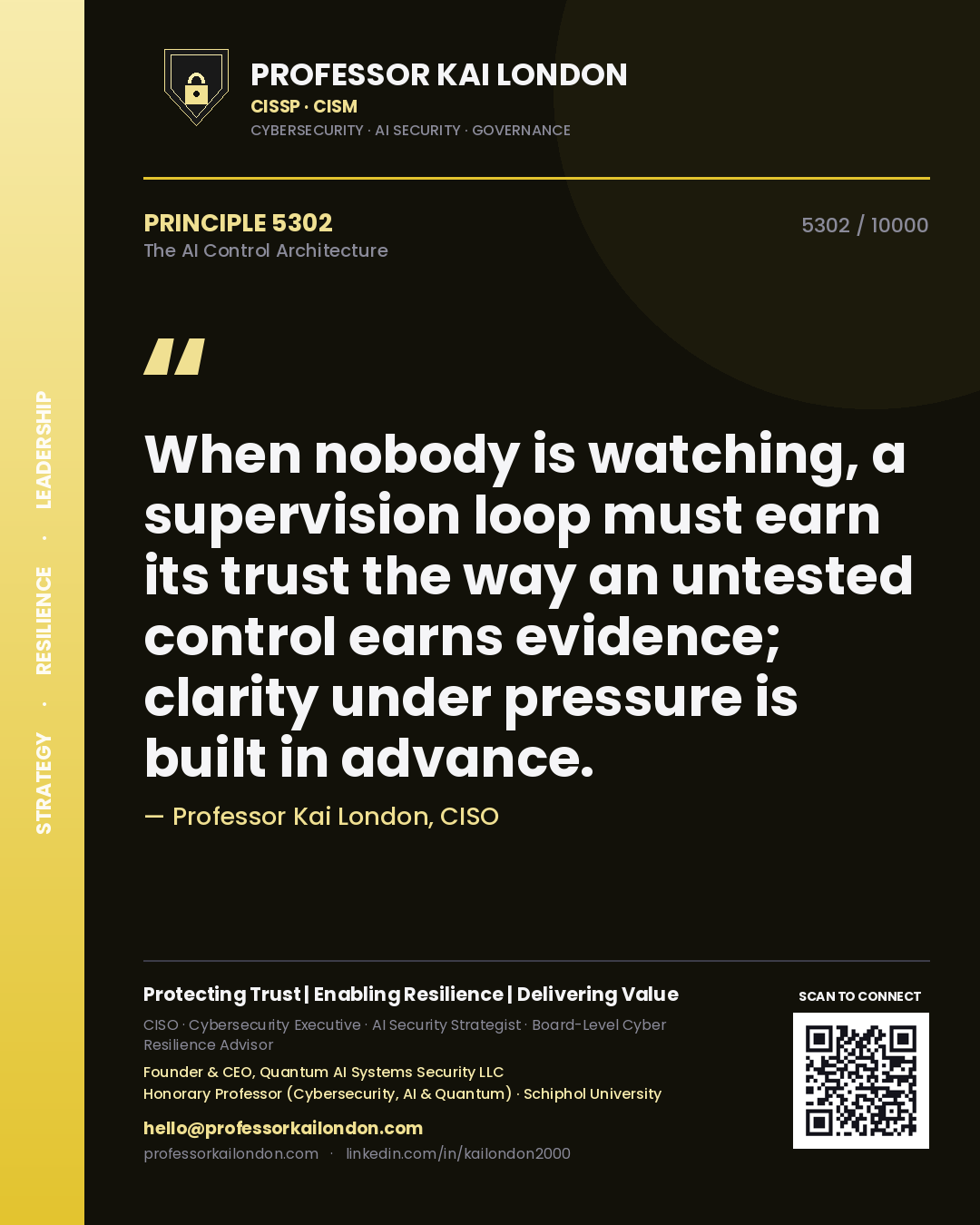 Professor Kai London principle 5302: When nobody is watching, a supervision loop must earn its trust the way an untested control earns evidence; clarity under pressure is built in advance.