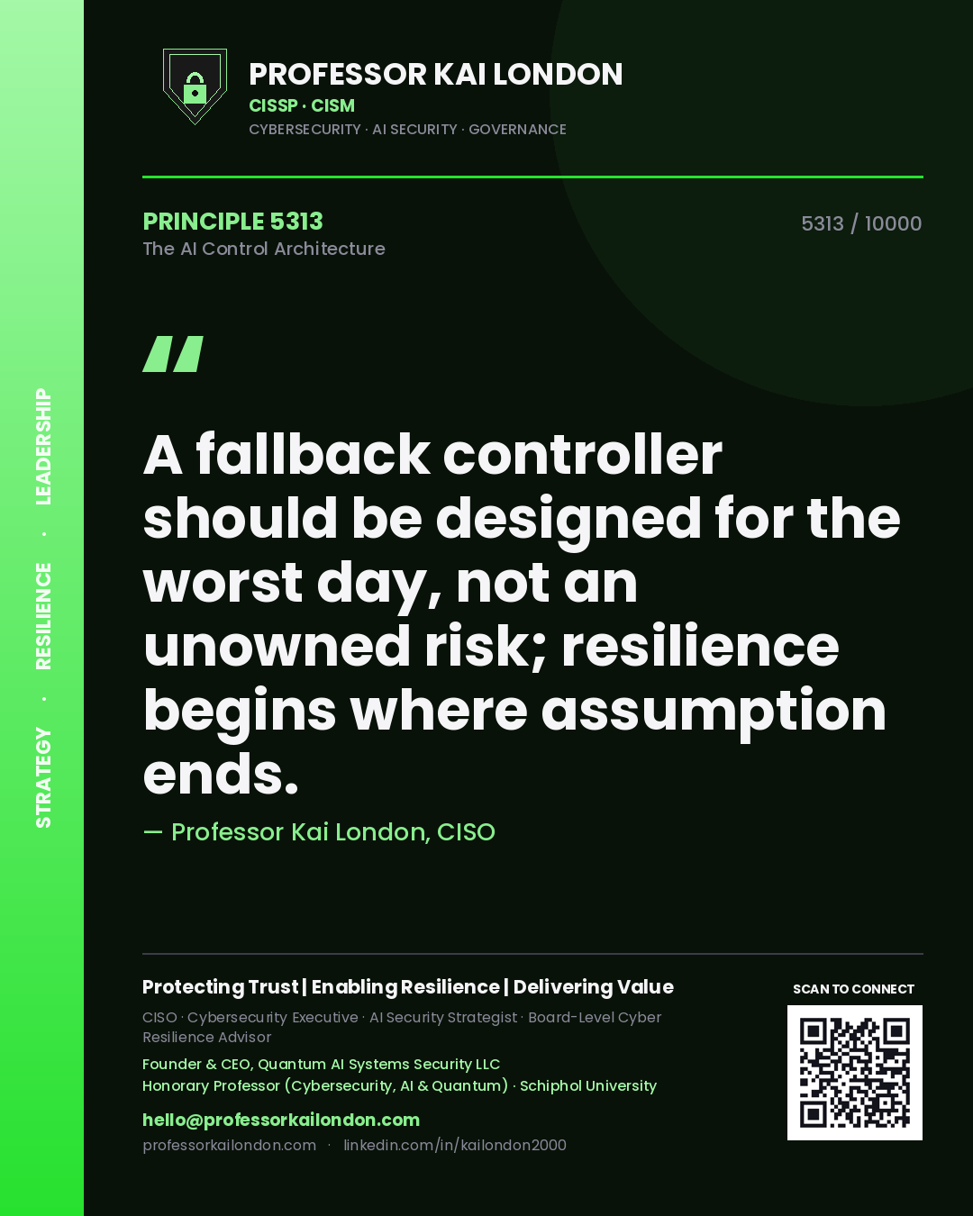 Professor Kai London principle 5313: A fallback controller should be designed for the worst day, not an unowned risk; resilience begins where assumption ends.